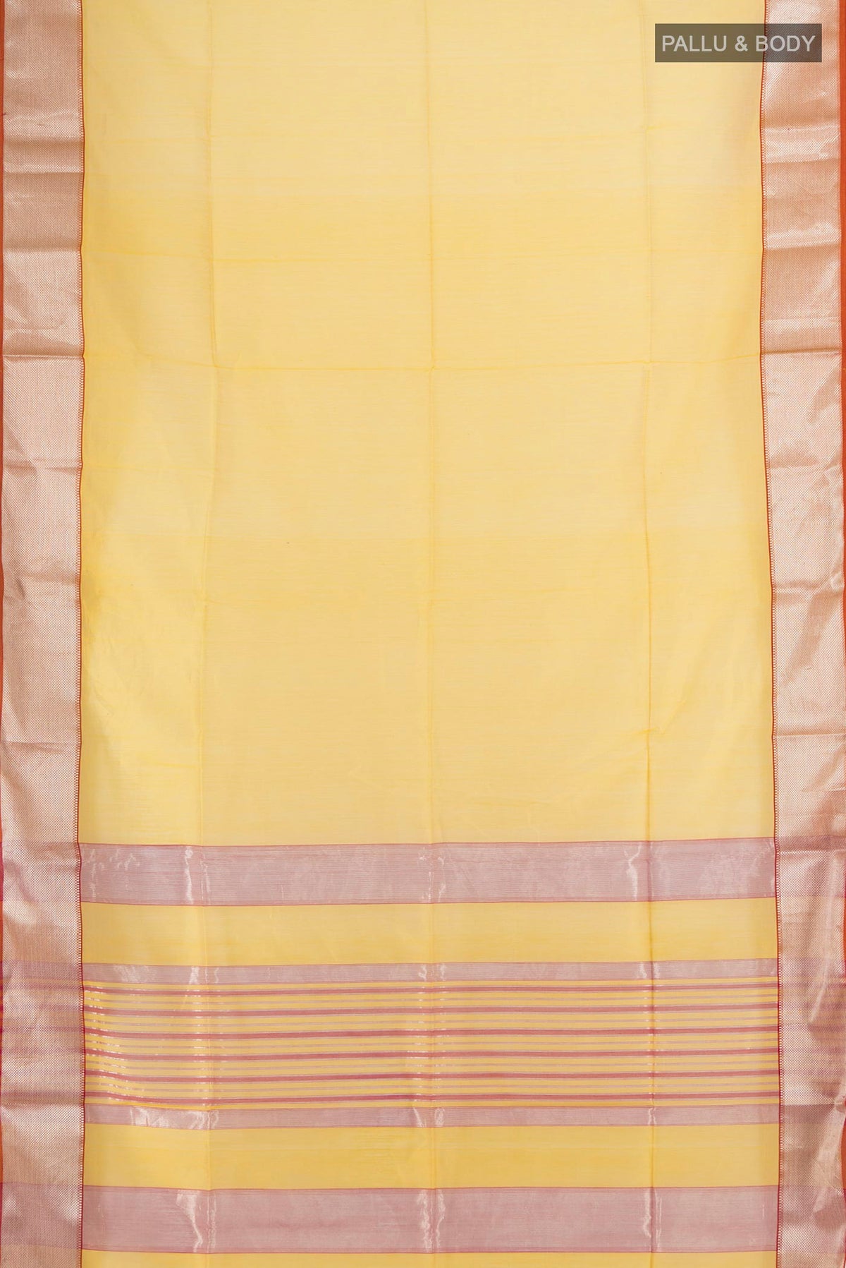 Flat view of Lemon Yellow Maheshwari Cotton Saree with Zari Butta on the body and Zari Border. 