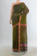 Mehandi Green Maheshwari Cotton Saree with Zari Butta on the body and Zari Border.  displayed on a mannequin