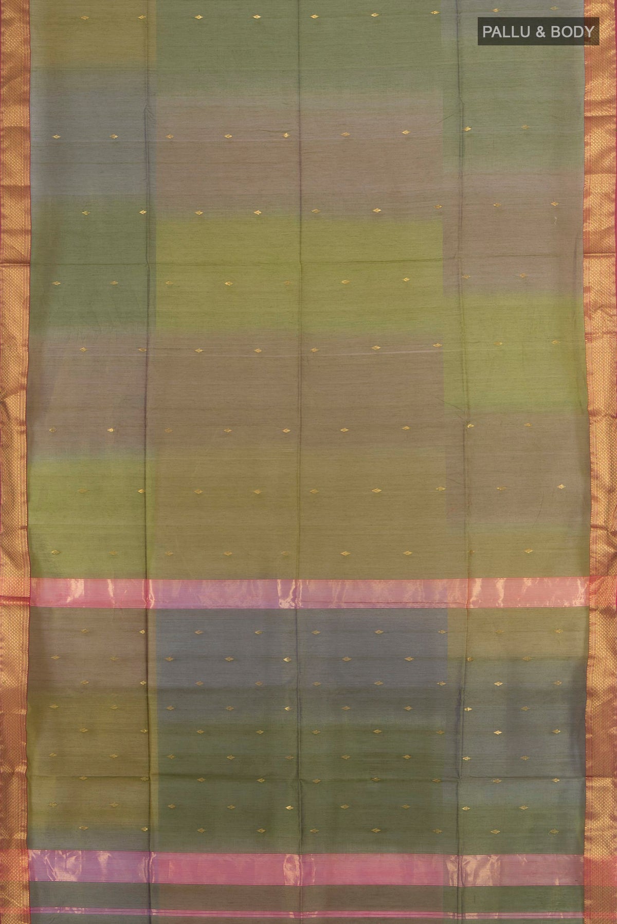 Flat view of Mehandi Green Maheshwari Cotton Saree with Zari Butta on the body and Zari Border. 