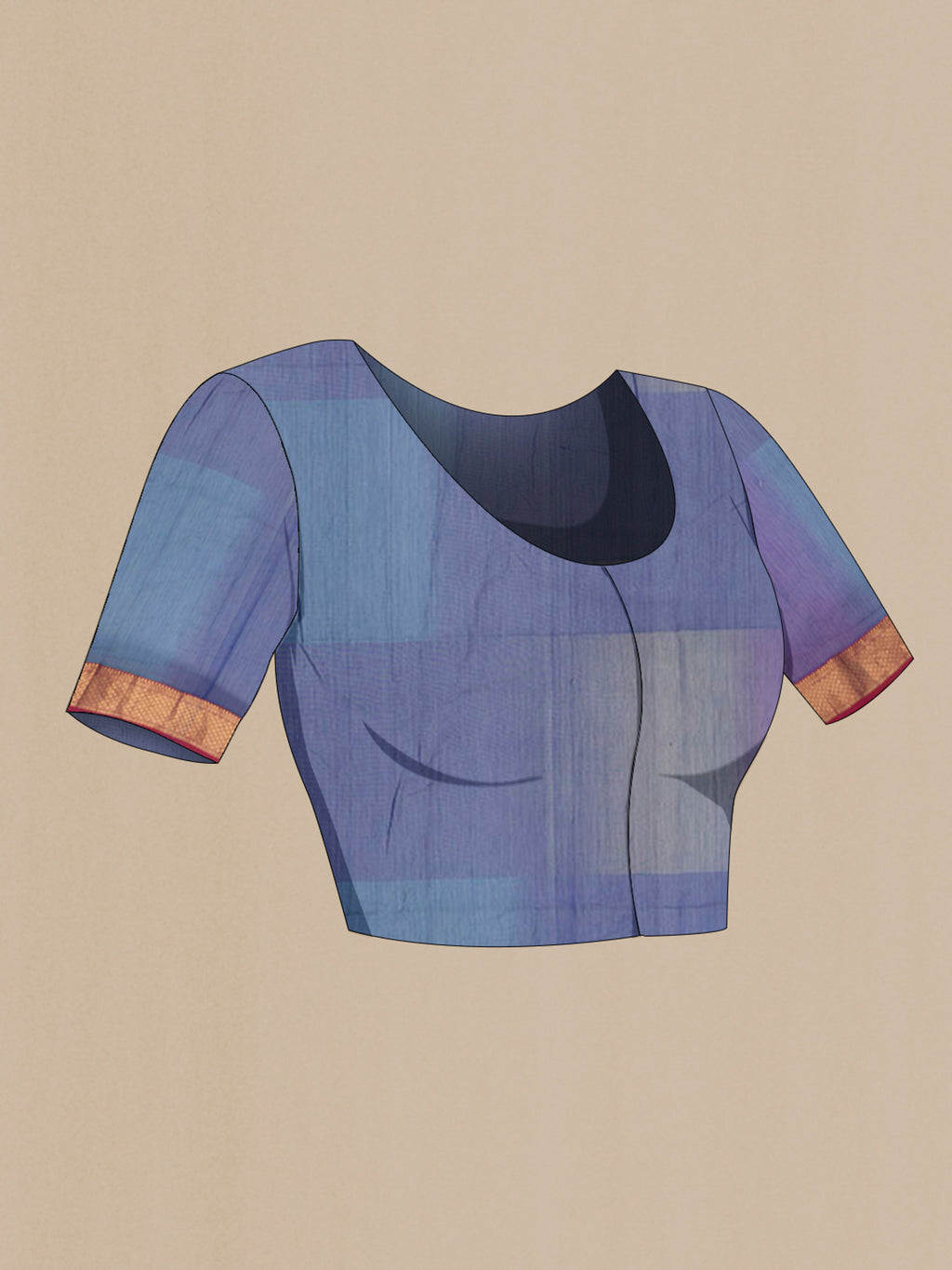 Close up image of the blouse of Royal Blue Maheshwari Cotton Saree with Zari Butta on the body and Zari Border. 