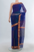 Royal Blue Maheshwari Cotton Saree with Zari Butta on the body and Zari Border.  displayed on a mannequin