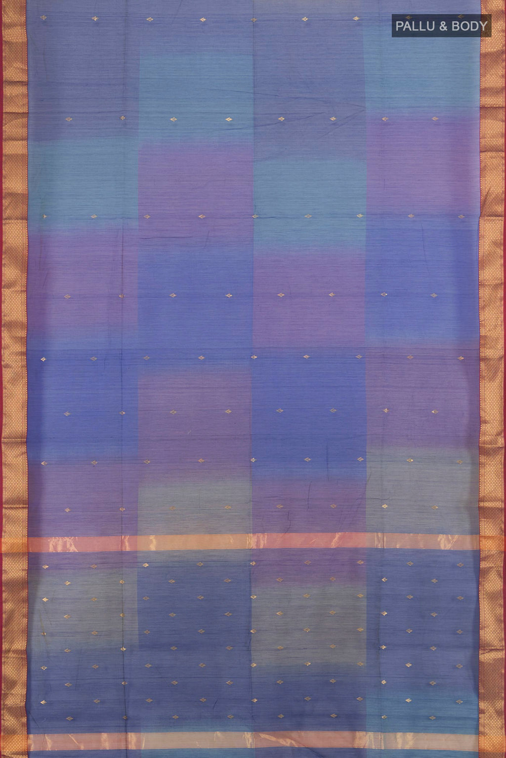 Flat view of Royal Blue Maheshwari Cotton Saree with Zari Butta on the body and Zari Border. 