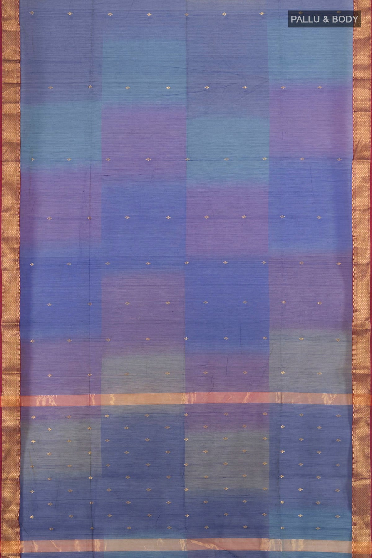 Flat view of Royal Blue Maheshwari Cotton Saree with Zari Butta on the body and Zari Border. 