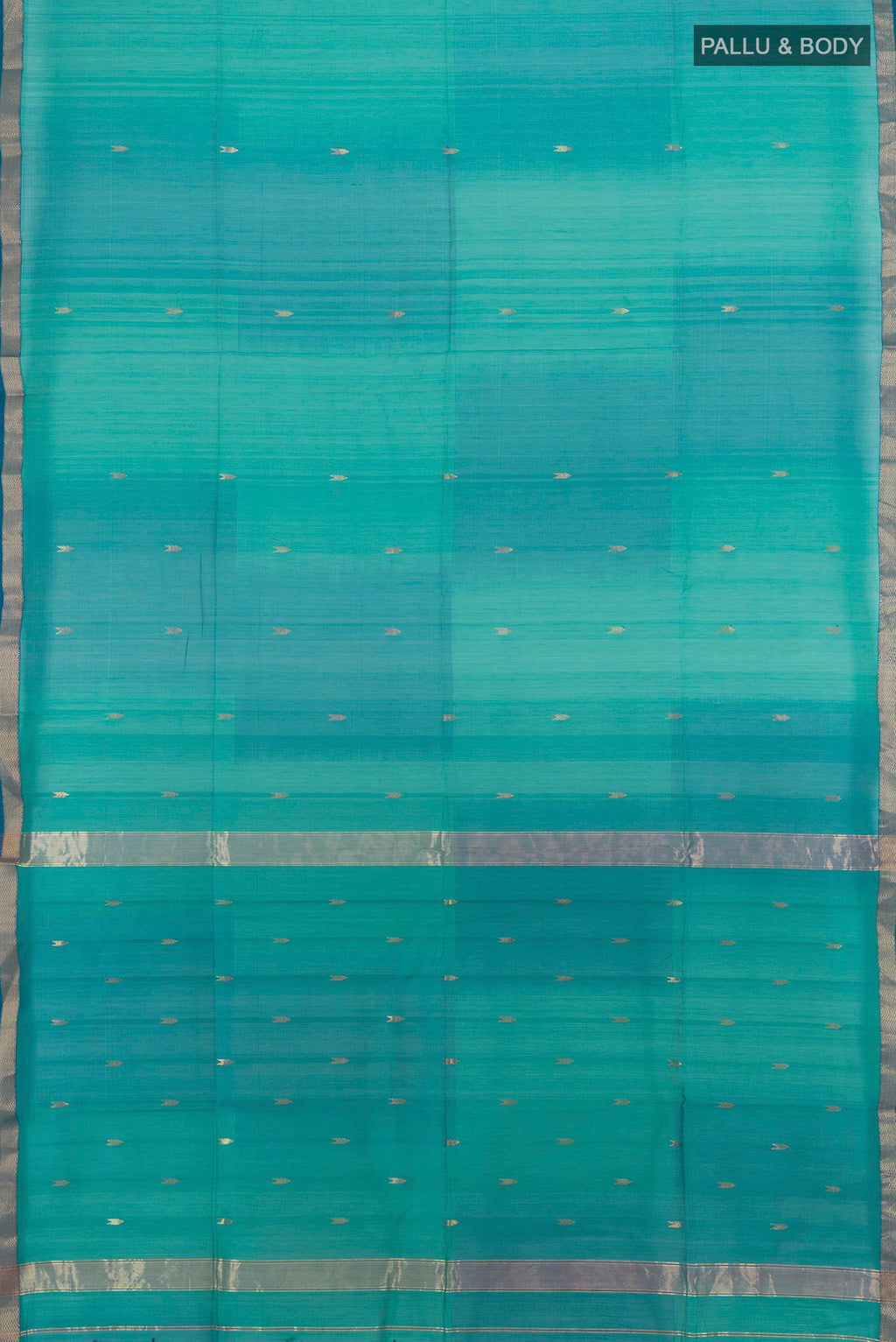 Flat view of Turquoise Maheshwari Cotton Saree with Zari Butta on the body and Zari Border. 