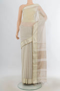 Cream Maheshwari Cotton Saree with Stripes on the body and Thread Border.  displayed on a mannequin