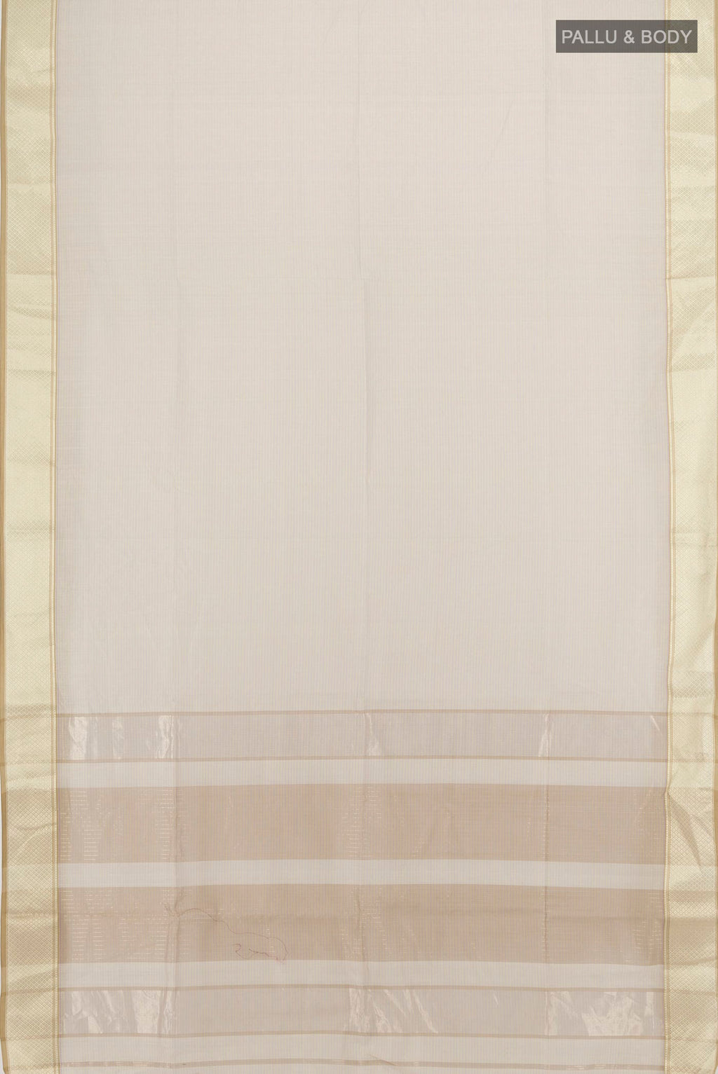 Flat view of Cream Maheshwari Cotton Saree with Stripes on the body and Thread Border. 