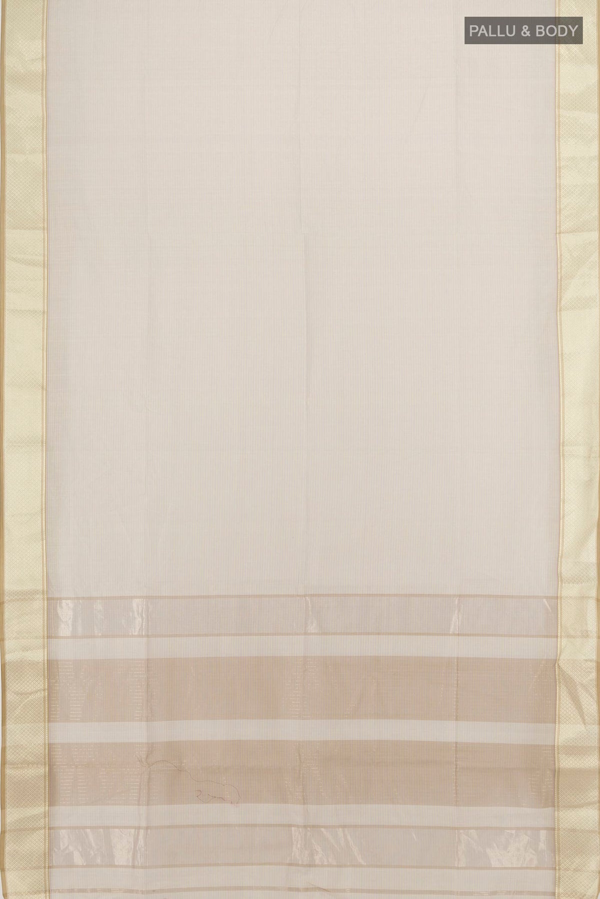 Flat view of Cream Maheshwari Cotton Saree with Stripes on the body and Thread Border. 