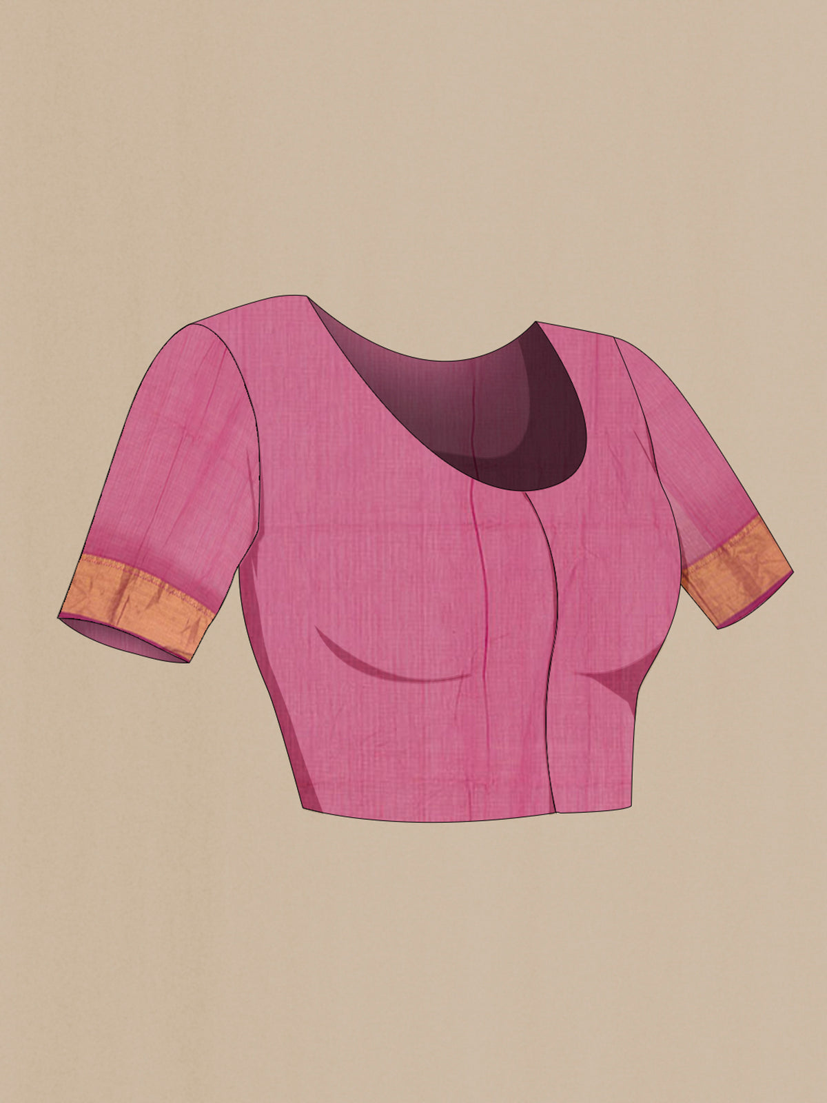 Close up image of the blouse of Pink Maheshwari Cotton Saree with Checked design on the body and Zari Border. 