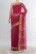 Pink Maheshwari Cotton Saree with Checked design on the body and Zari Border.  displayed on a mannequin