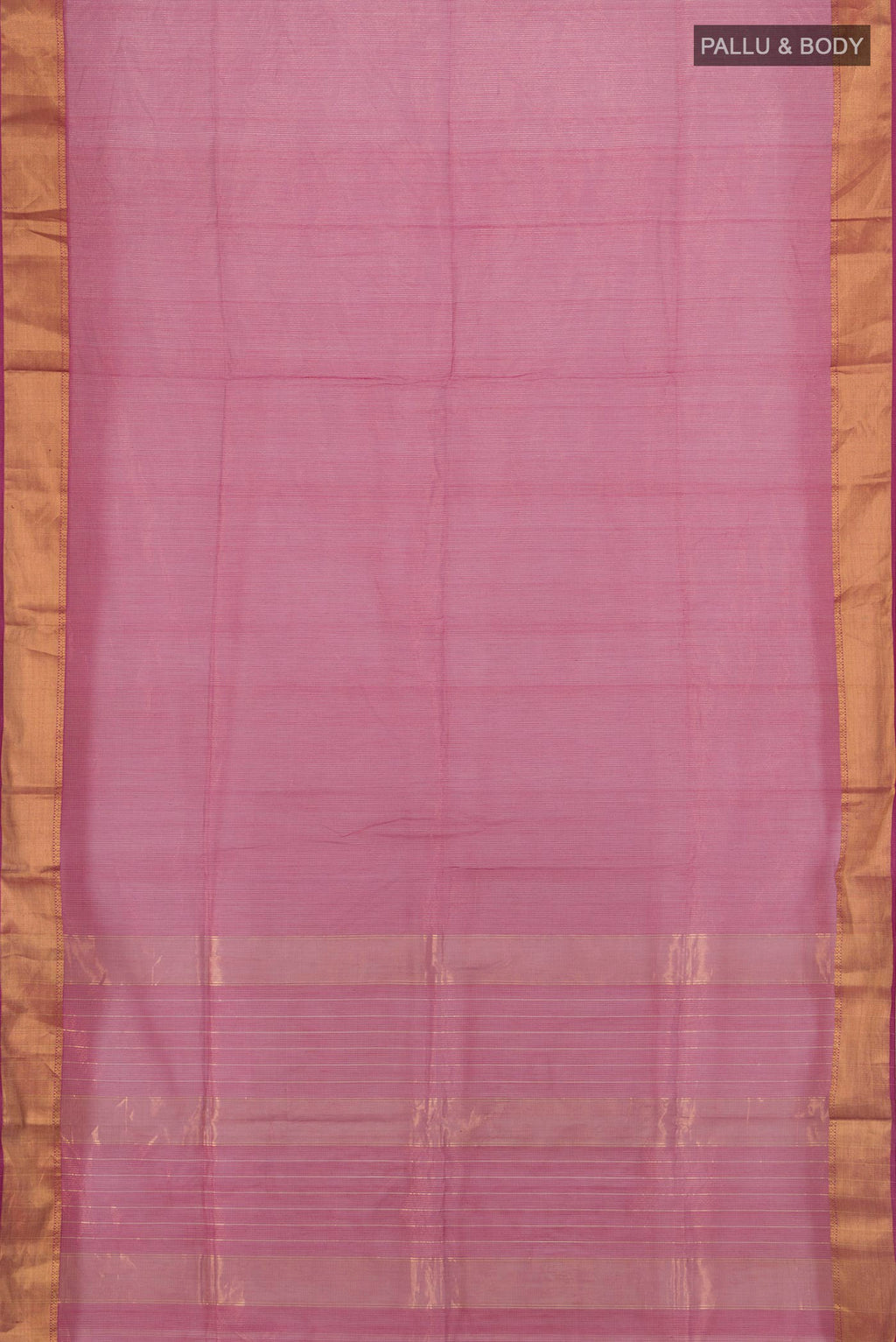 Flat view of Pink Maheshwari Cotton Saree with Checked design on the body and Zari Border. 