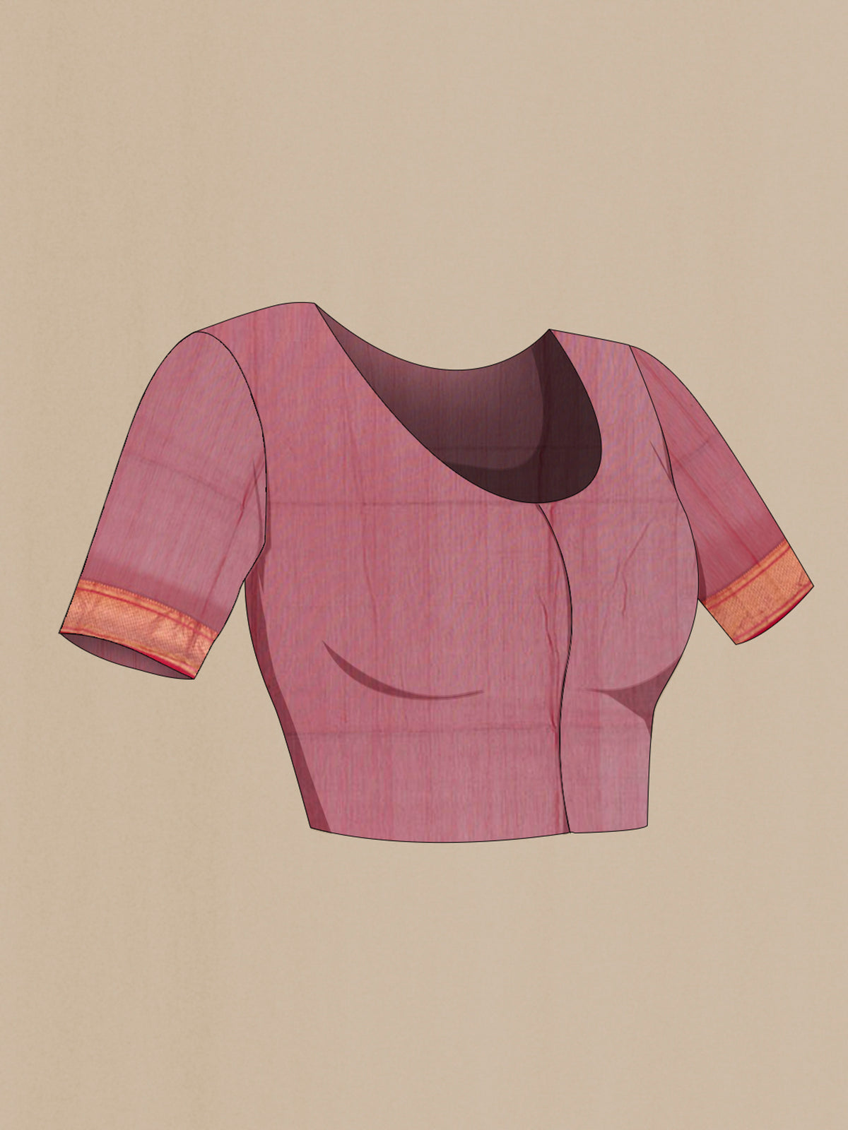 Close up image of the blouse of Maroon Maheshwari Cotton Saree with Zari Butta on the body and Zari Border. 