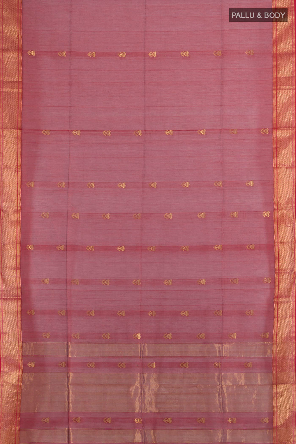 Flat view of Maroon Maheshwari Cotton Saree with Zari Butta on the body and Zari Border. 