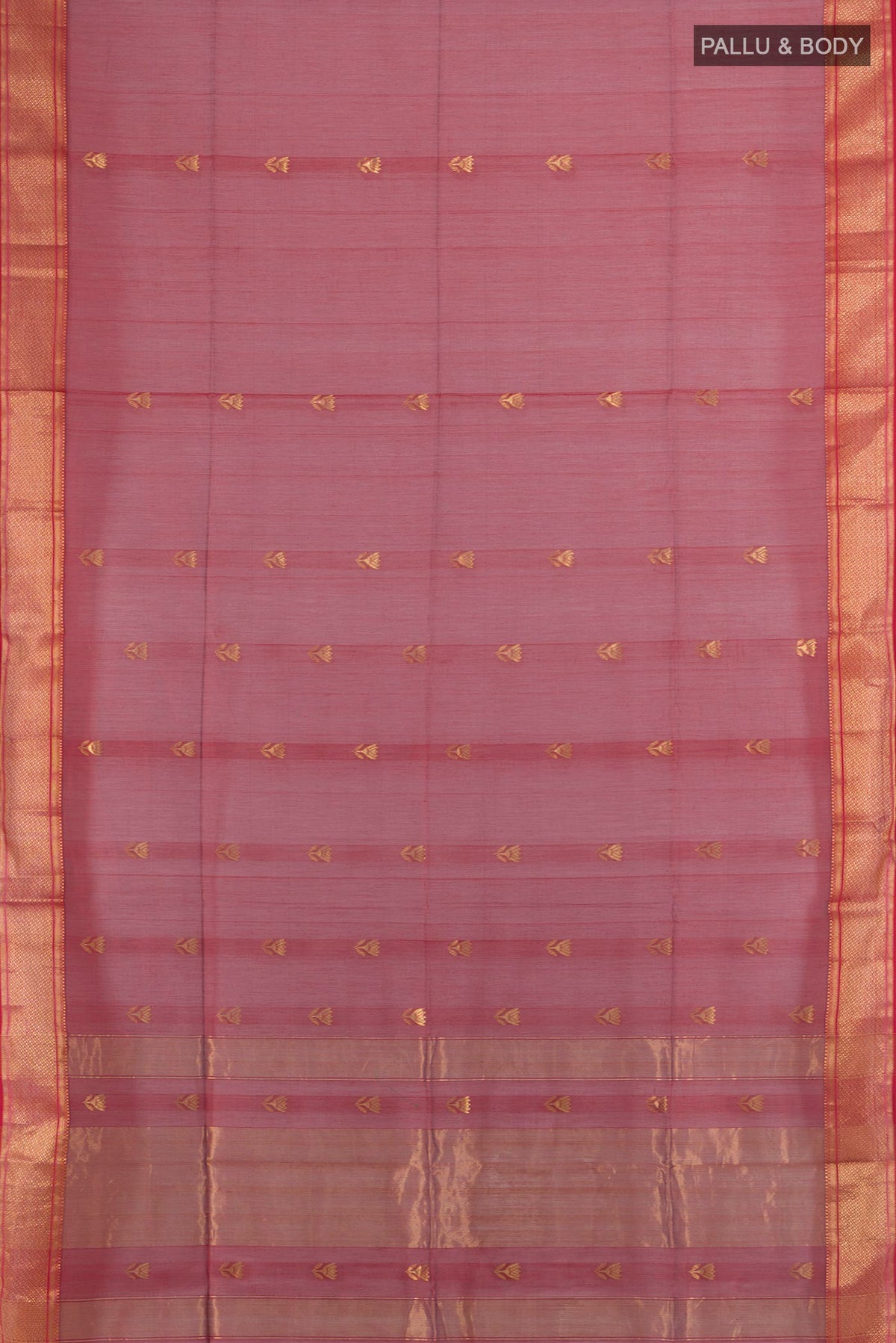 Flat view of Maroon Maheshwari Cotton Saree with Zari Butta on the body and Zari Border. 