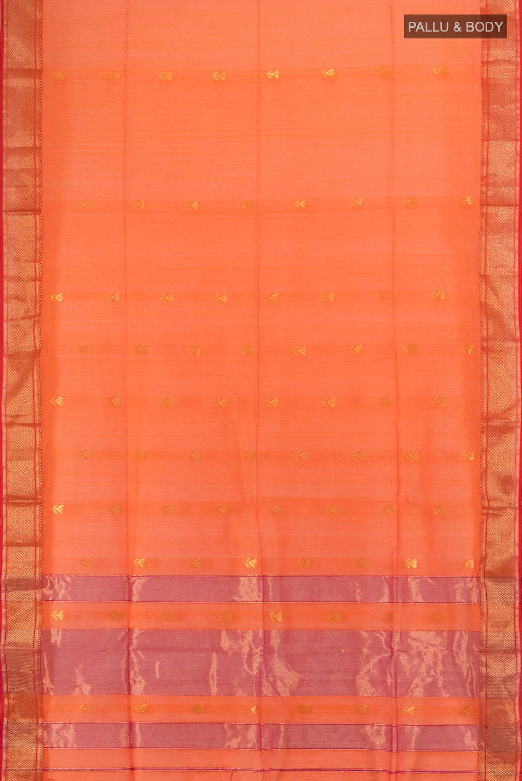 Flat view of Orange Maheshwari Cotton Saree with Zari Butta on the body and Zari Border. 