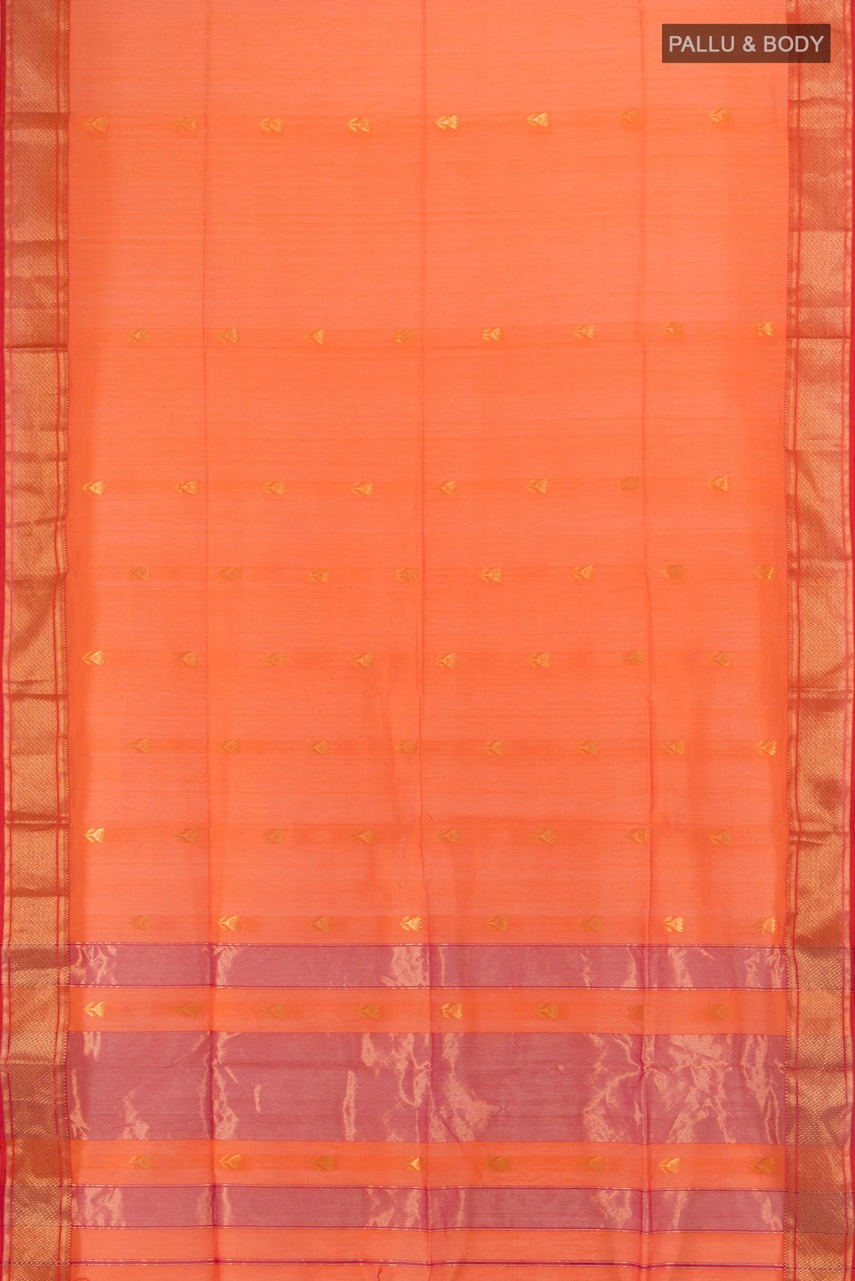 Flat view of Orange Maheshwari Cotton Saree with Zari Butta on the body and Zari Border. 