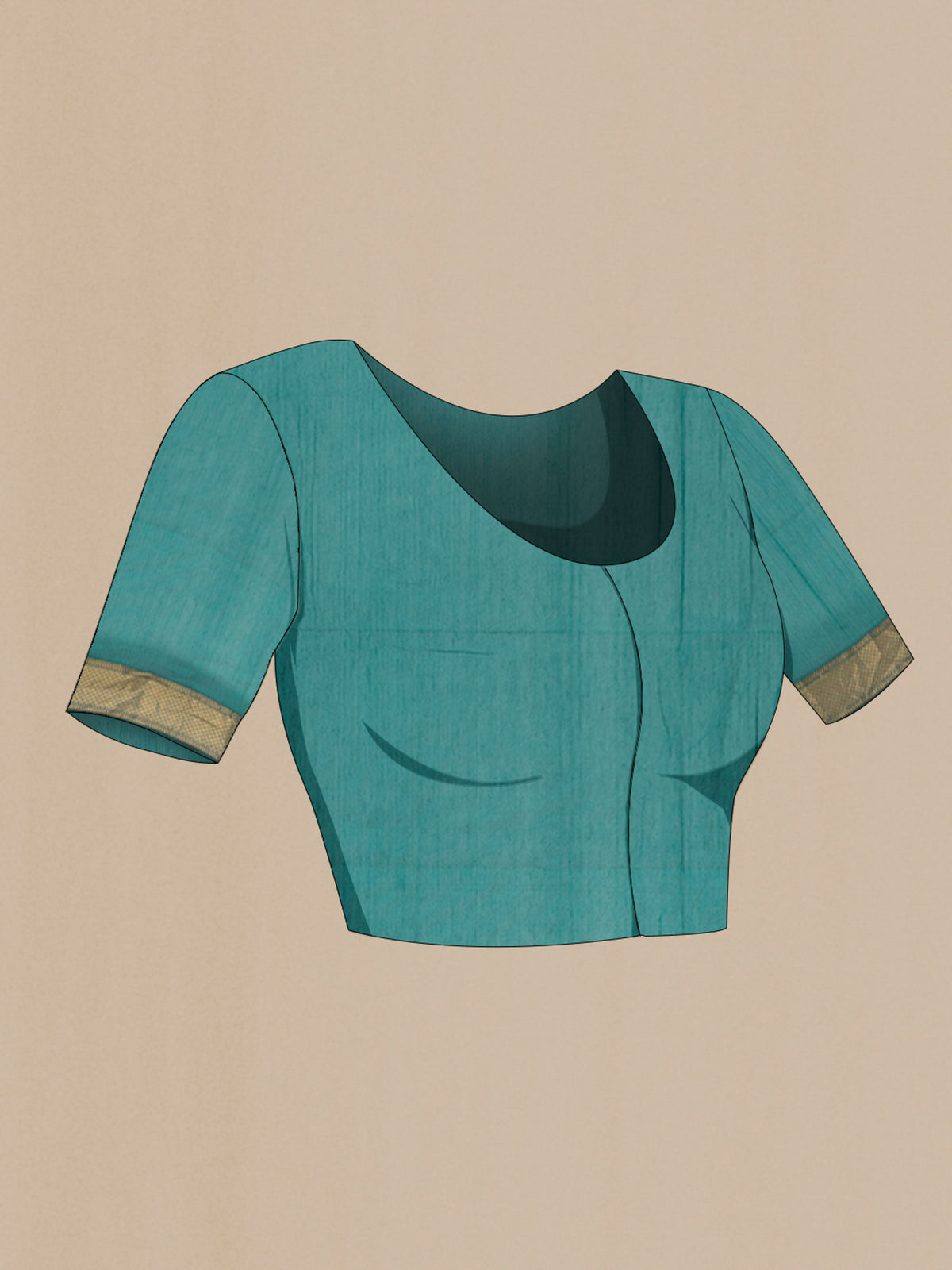 Close up image of the blouse of Green Maheshwari Cotton Saree with Zari Butta on the body and Zari Border. 