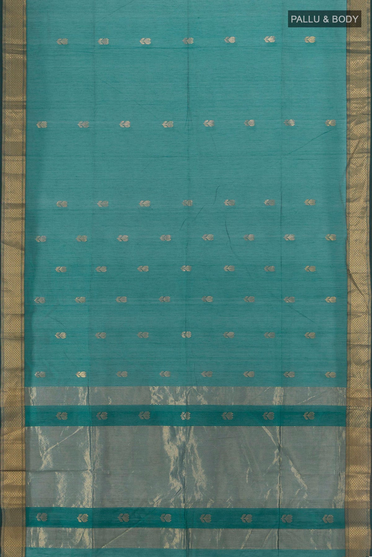 Flat view of Green Maheshwari Cotton Saree with Zari Butta on the body and Zari Border. 