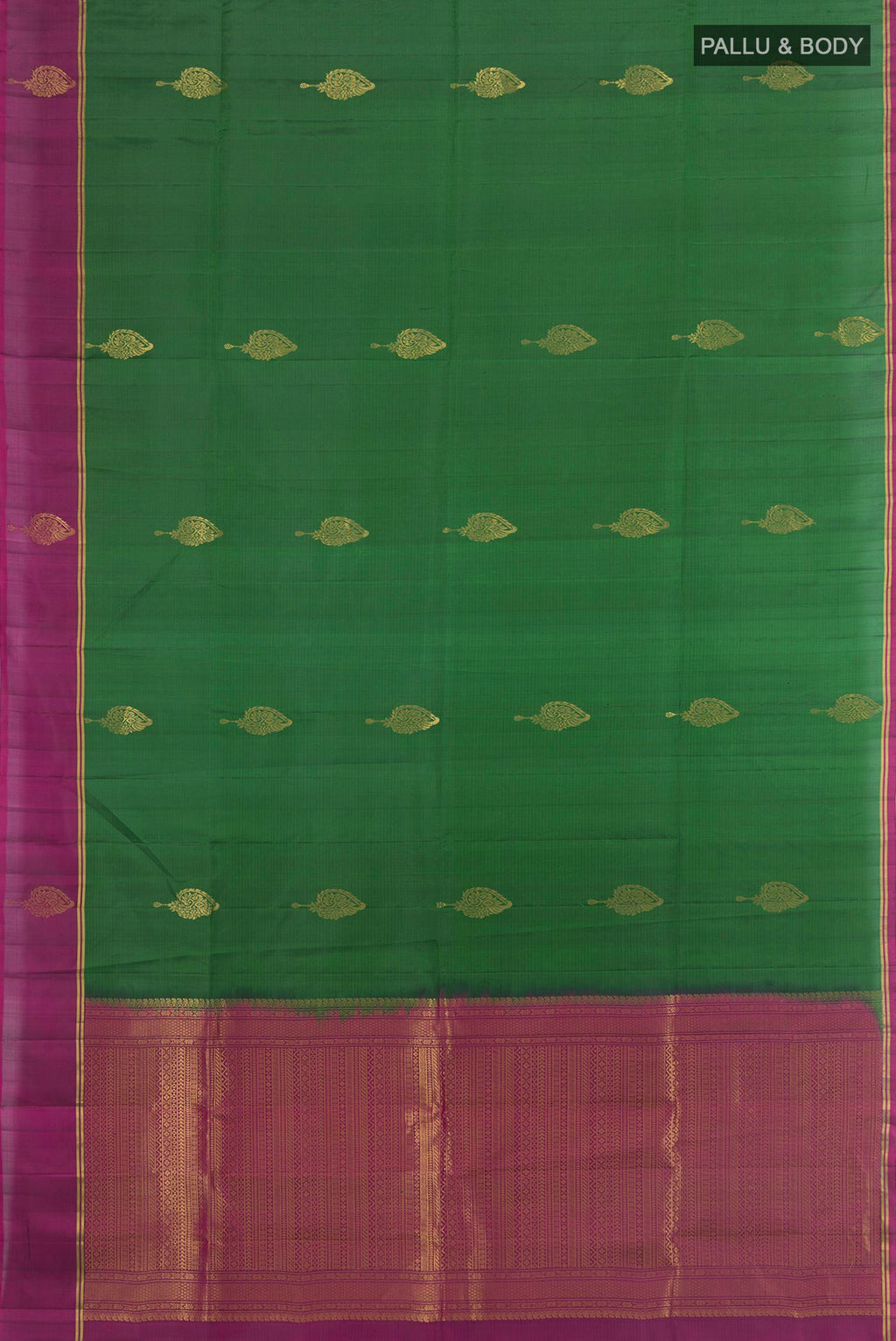 Flat view of Pure Silk Green Soft Saree with Zari Butta on the body and Fancy Border. 