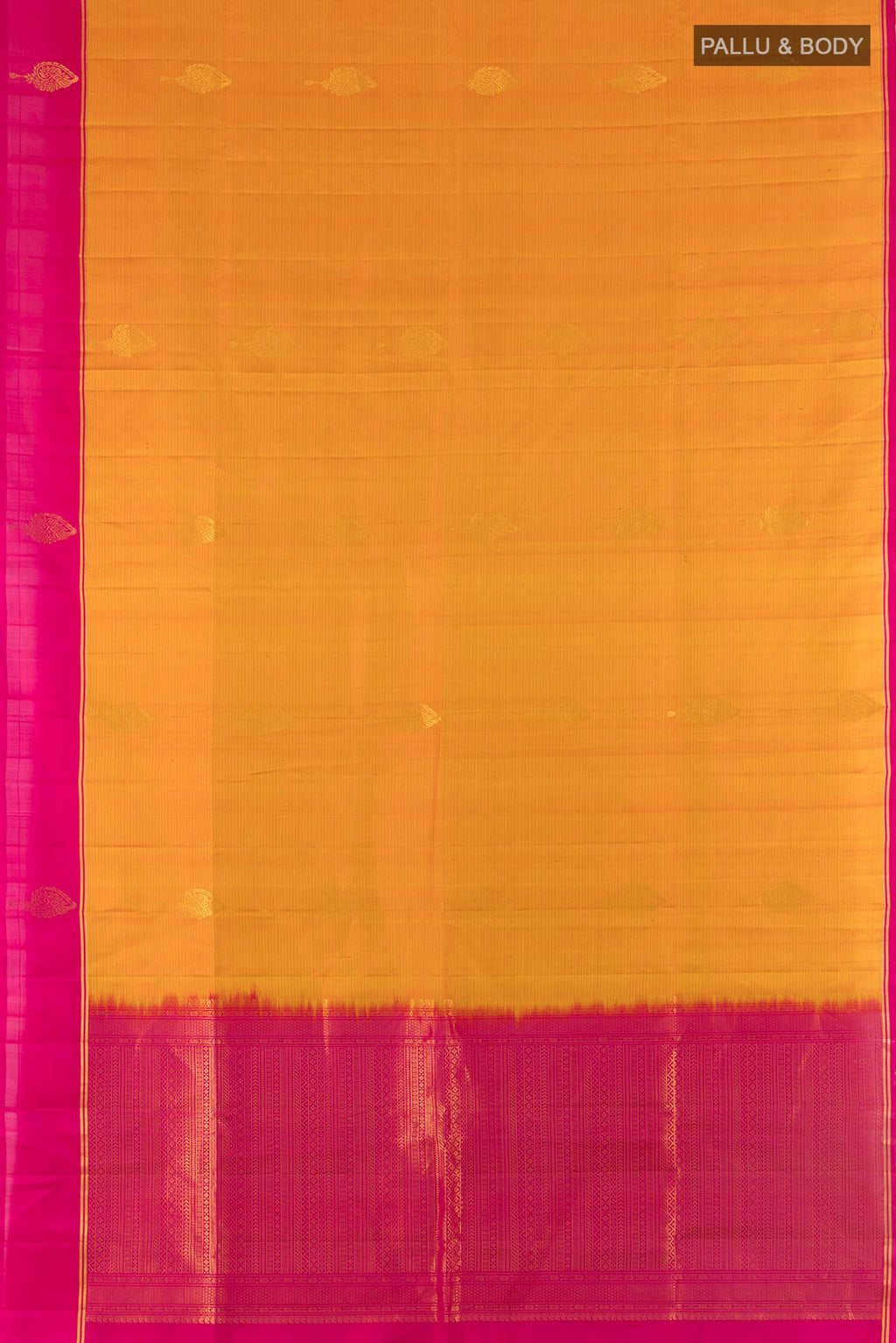 Flat view of Pure Silk Mustard Soft Saree with Zari Butta on the body and Plain Border. 
