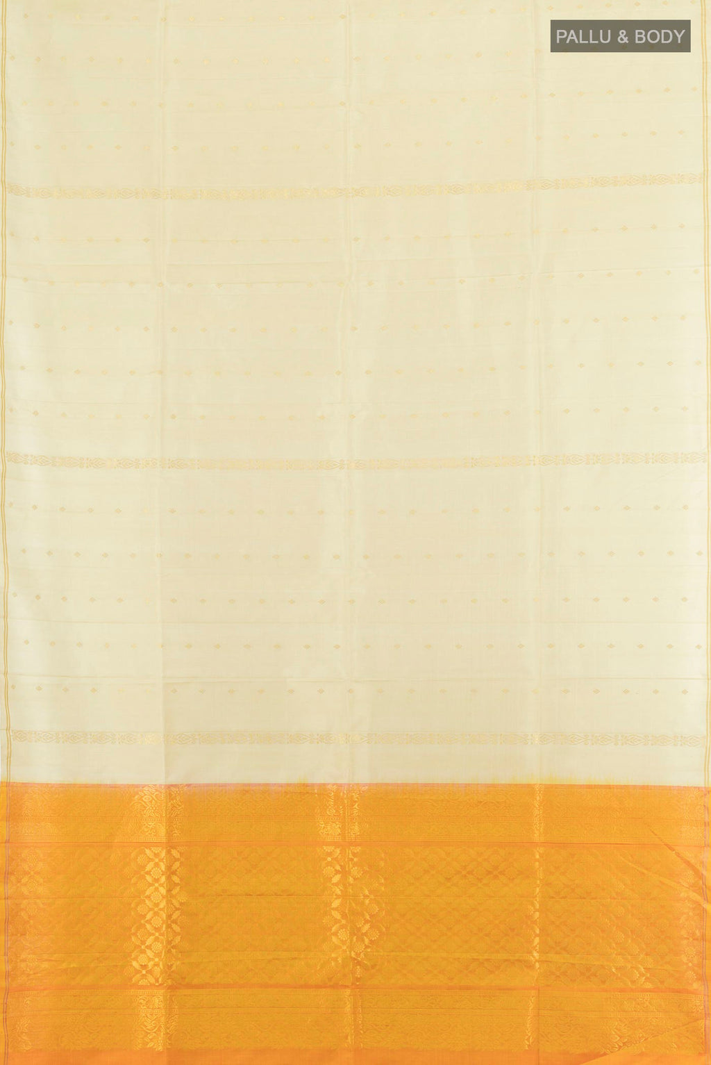 Flat view of Pure Silk Cream Soft Saree with Zari Butta on the body and Zari Border. 