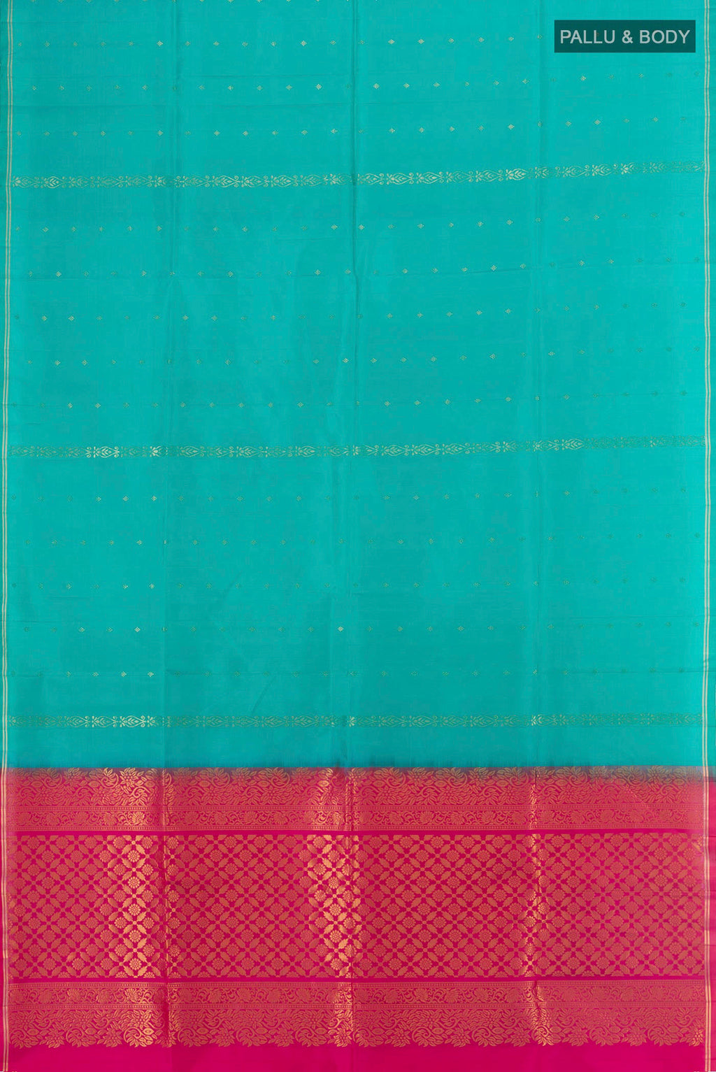 Flat view of Pure Silk Turquoise Soft Saree with Zari Butta on the body and Zari Border. 