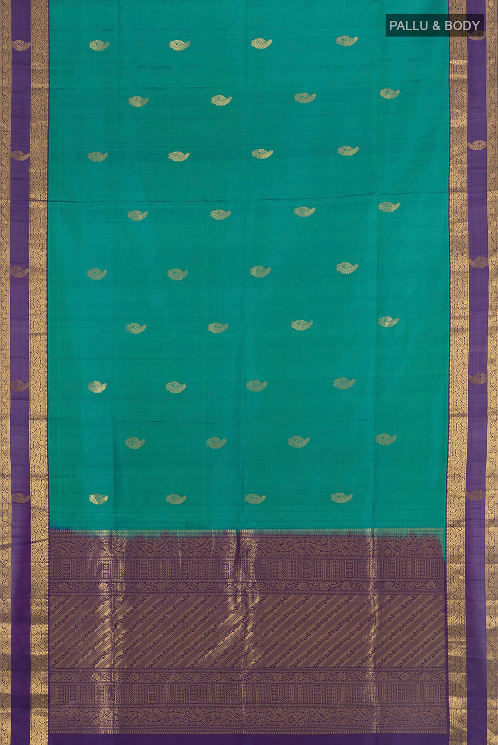 Flat view of Pure Silk Green Soft Saree with Zari Butta on the body and Zari Border. 