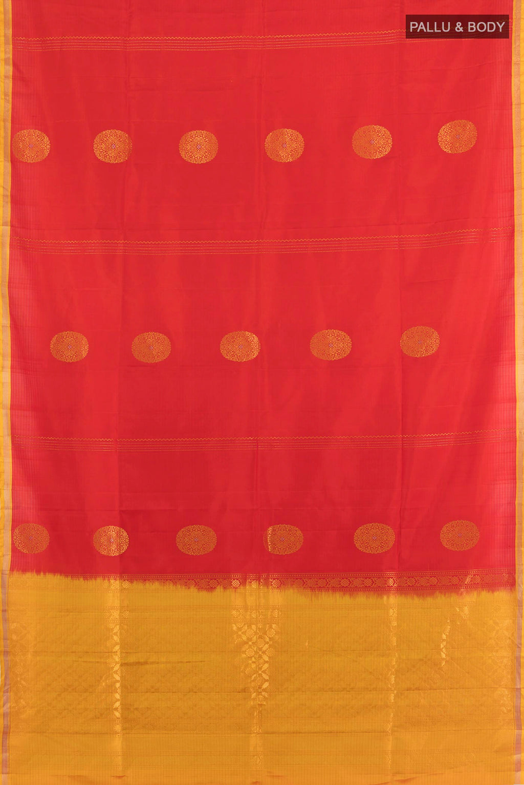 Flat view of Pure Silk Red Soft Saree with Zari Butta on the body and Plain Border. 