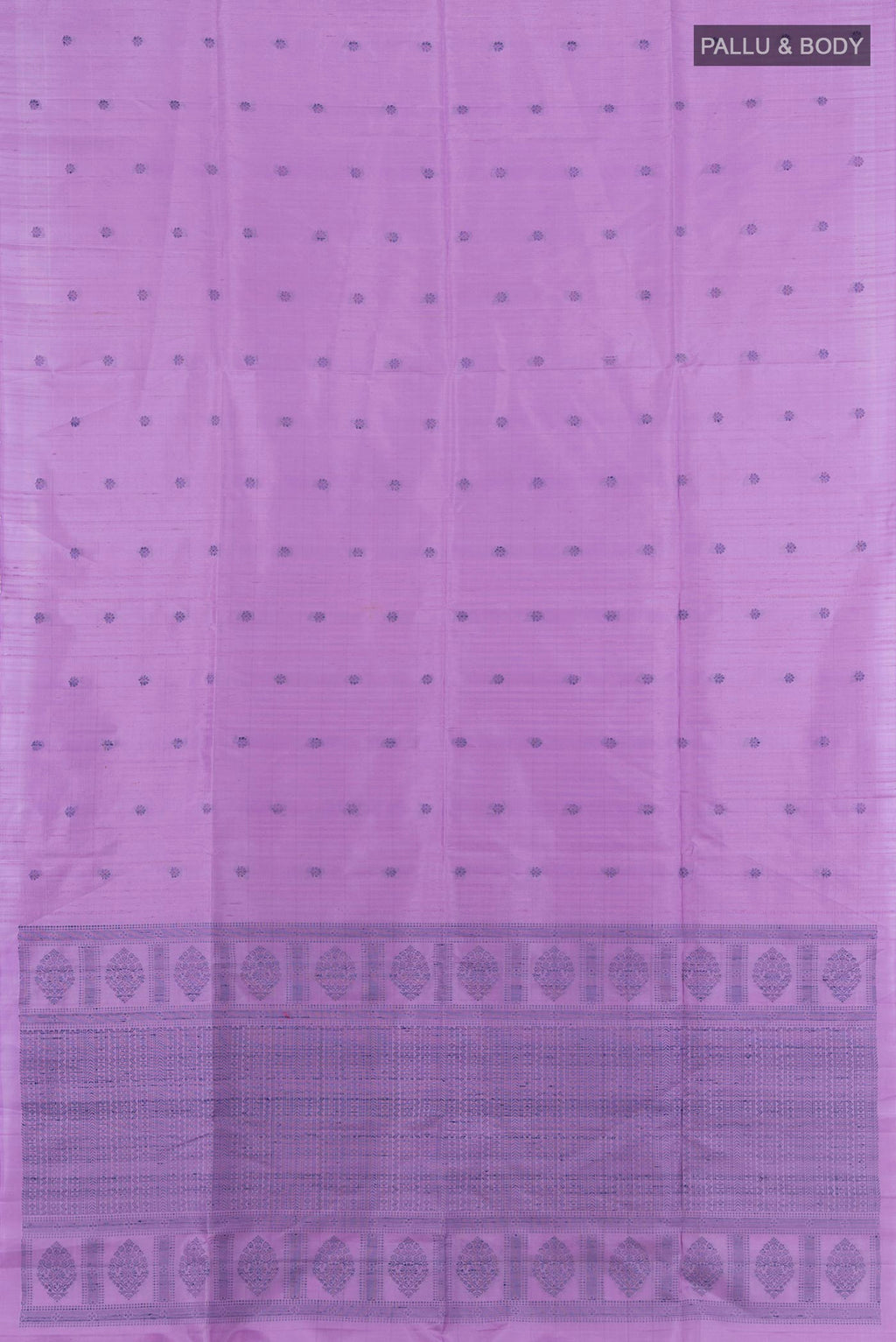 Flat view of Pure Silk Lavender Soft Saree with Thread Butta on the body and Without Border. 
