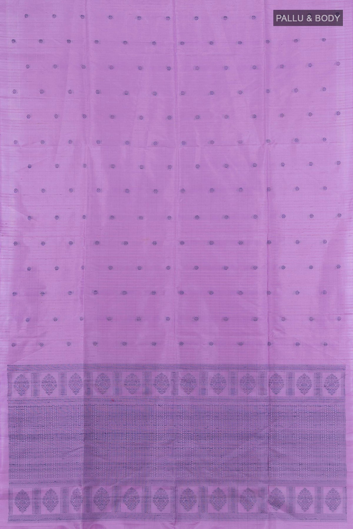 Flat view of Pure Silk Lavender Soft Saree with Thread Butta on the body and Without Border. 