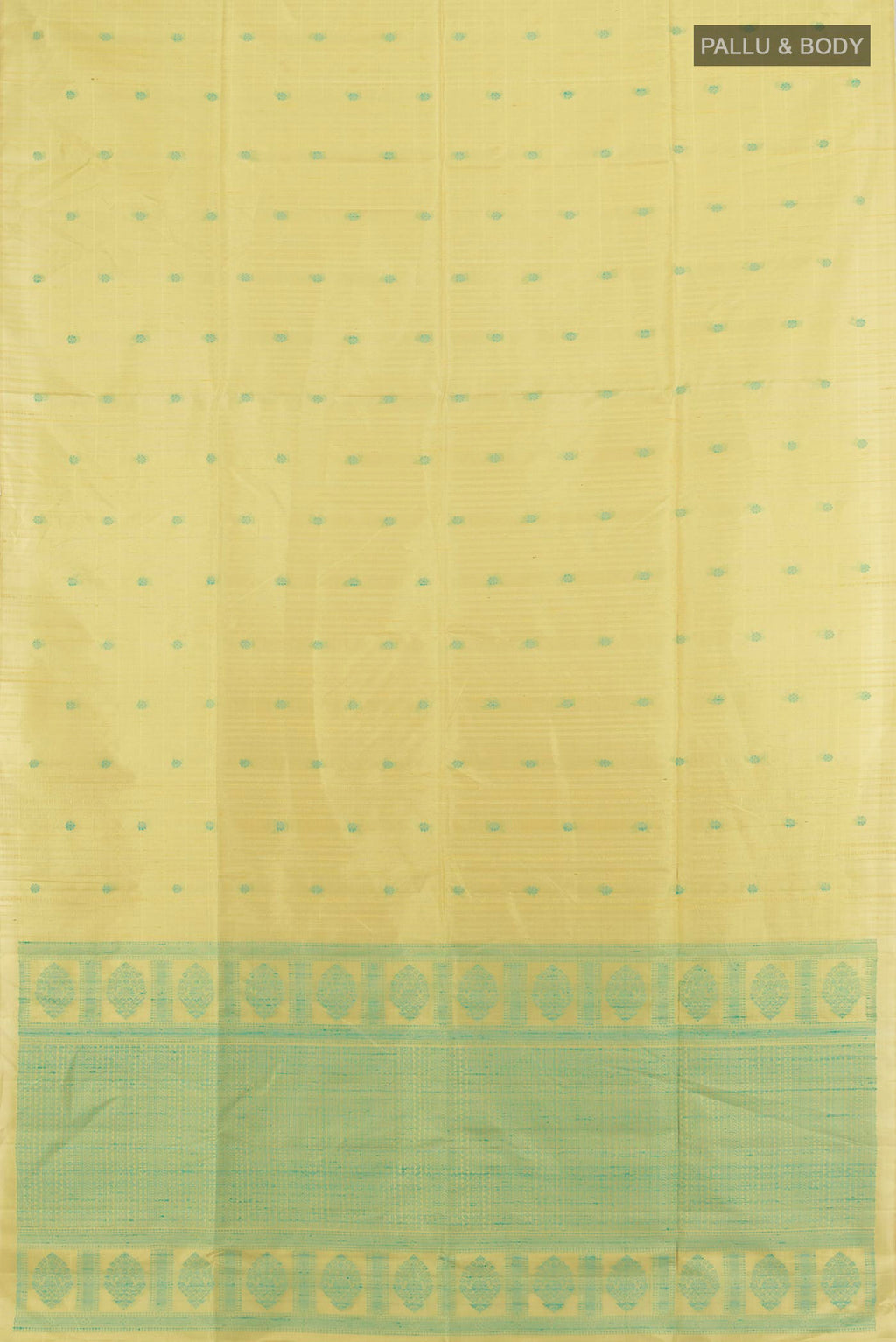 Flat view of Pure Silk Lemon Yellow Soft Saree with Thread Butta on the body and Without Border. 
