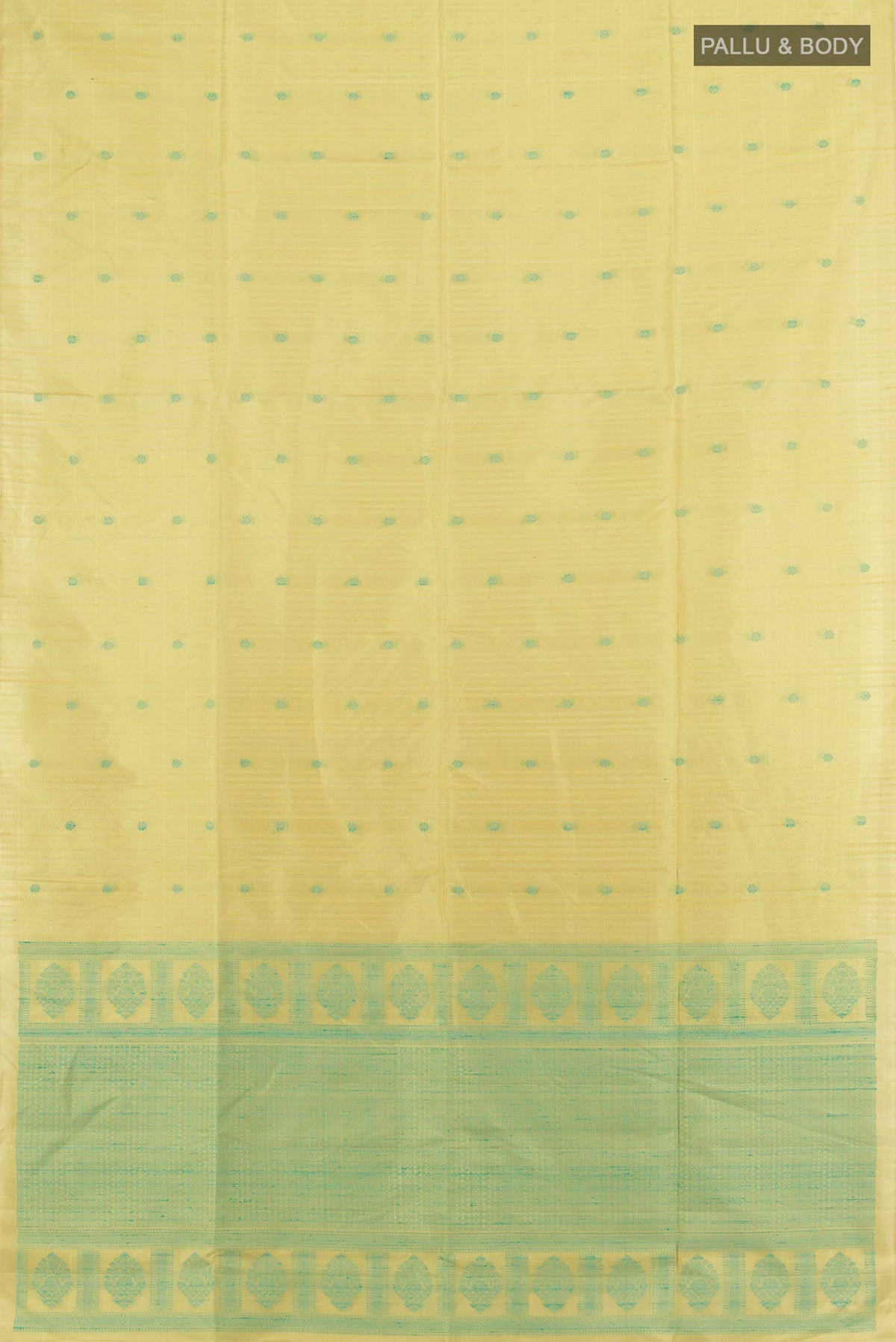 Flat view of Pure Silk Lemon Yellow Soft Saree with Thread Butta on the body and Without Border. 