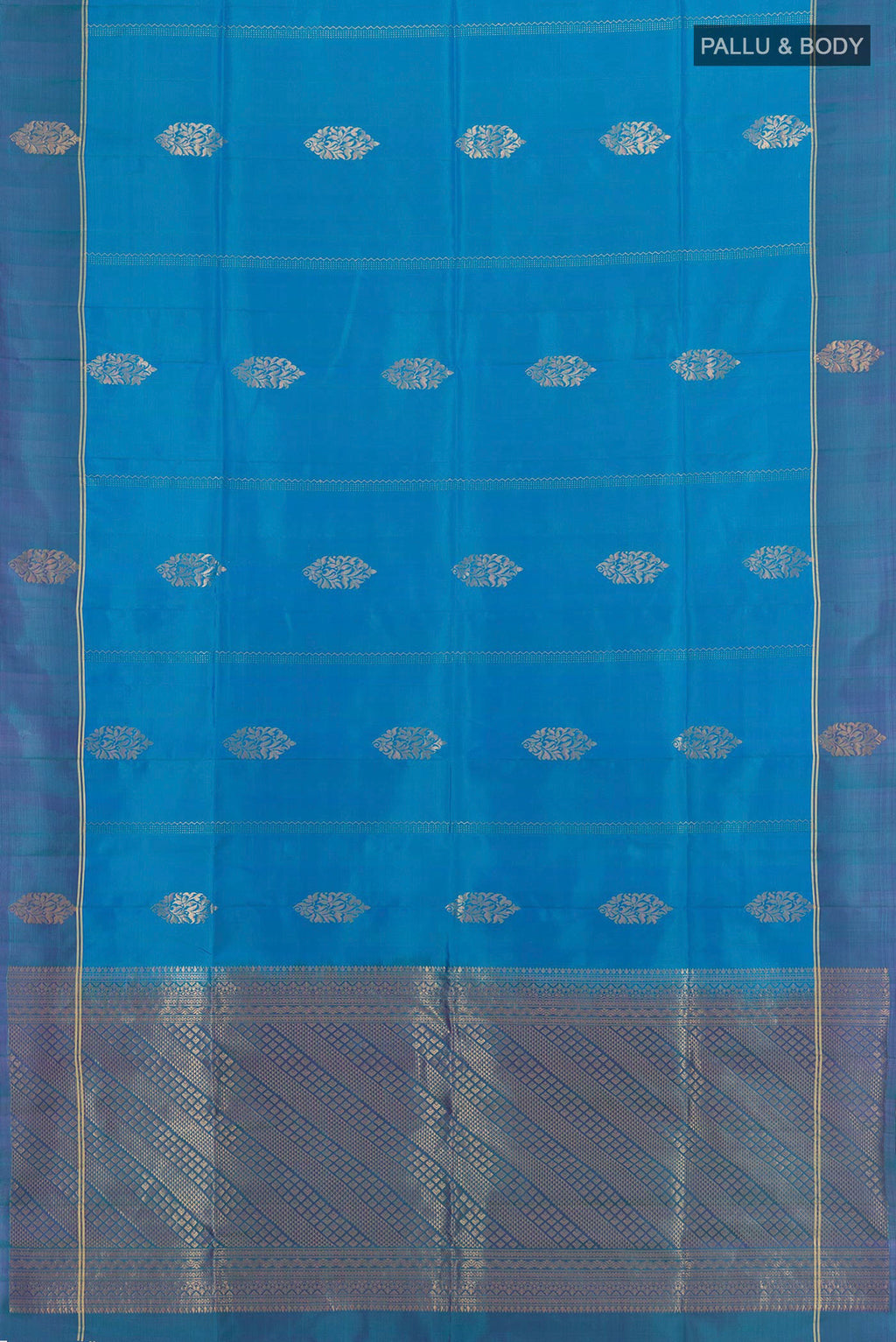 Flat view of Pure Silk Peacock Blue Soft Saree with Zari Butta on the body and Plain Border. 