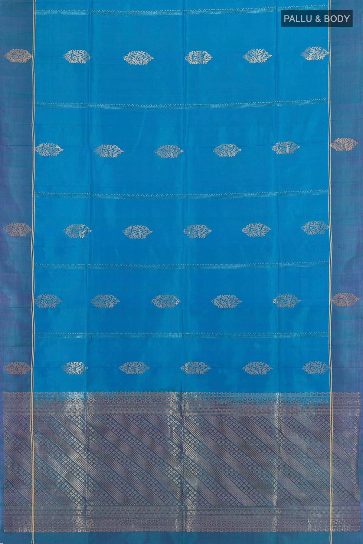 Flat view of Pure Silk Peacock Blue Soft Saree with Zari Butta on the body and Plain Border. 