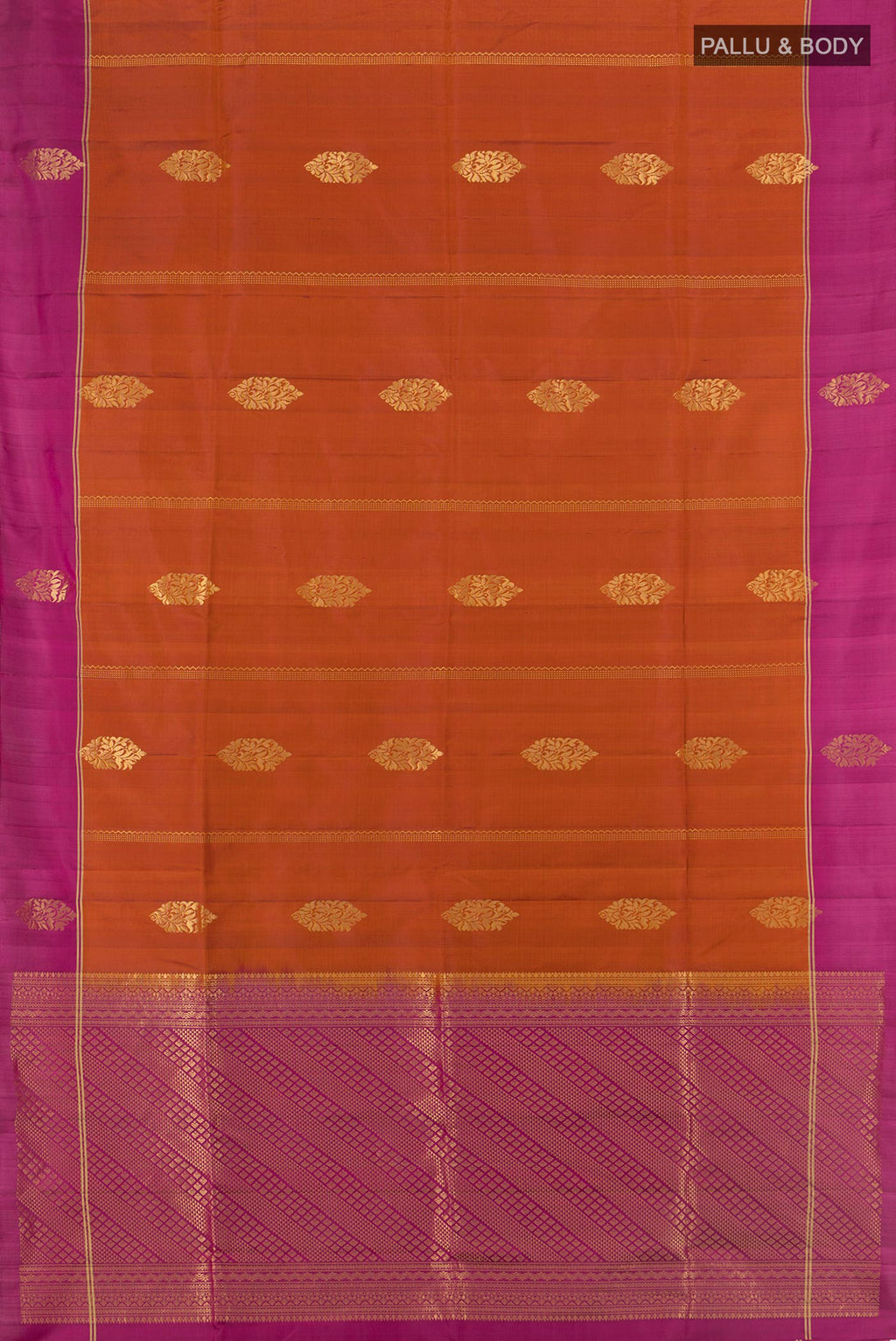 Flat view of Pure Silk Rust Soft Saree with Zari Butta on the body and Plain Border. 