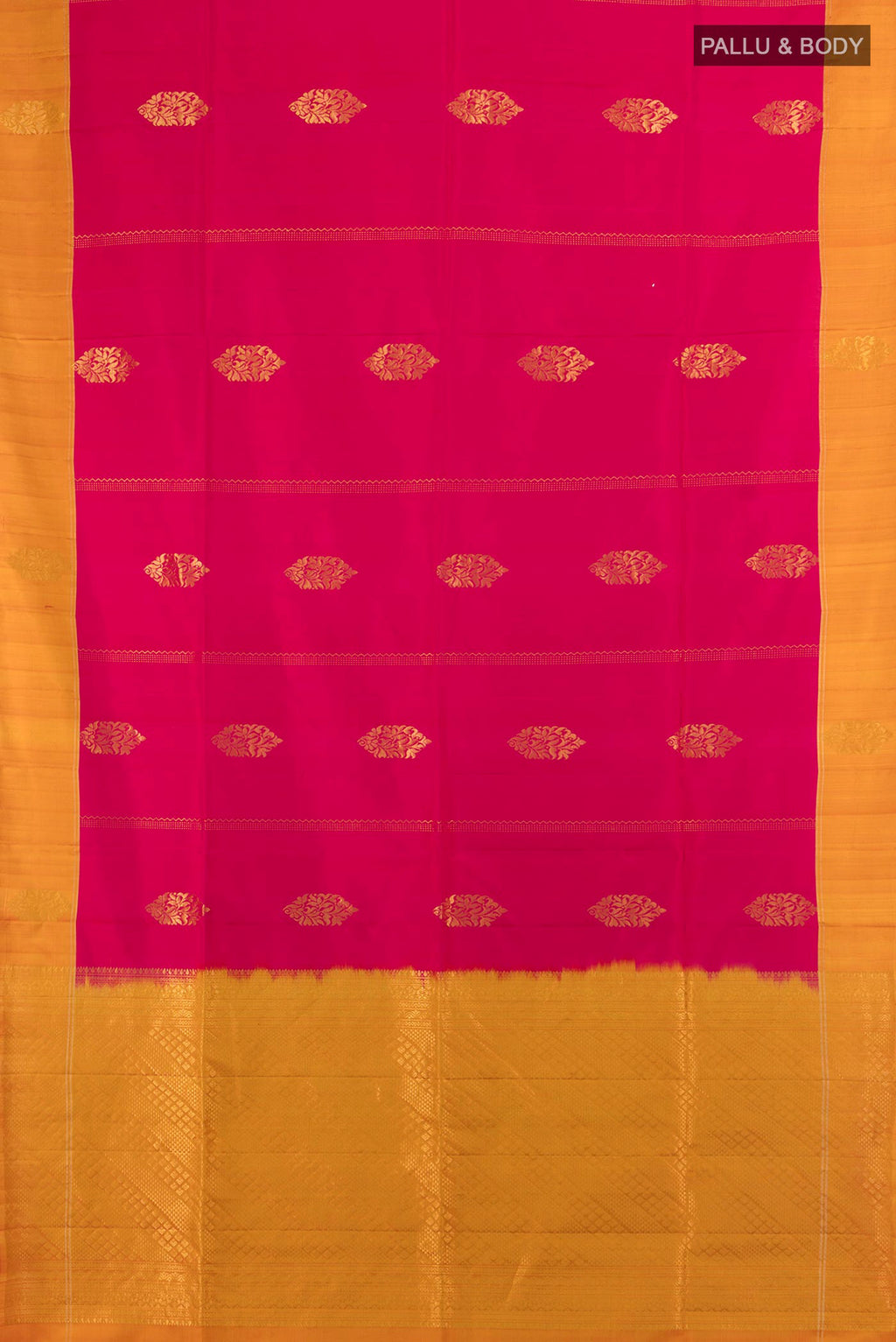 Flat view of Pure Silk Dark Pink Soft Saree with Zari Butta on the body and Silk Border. 