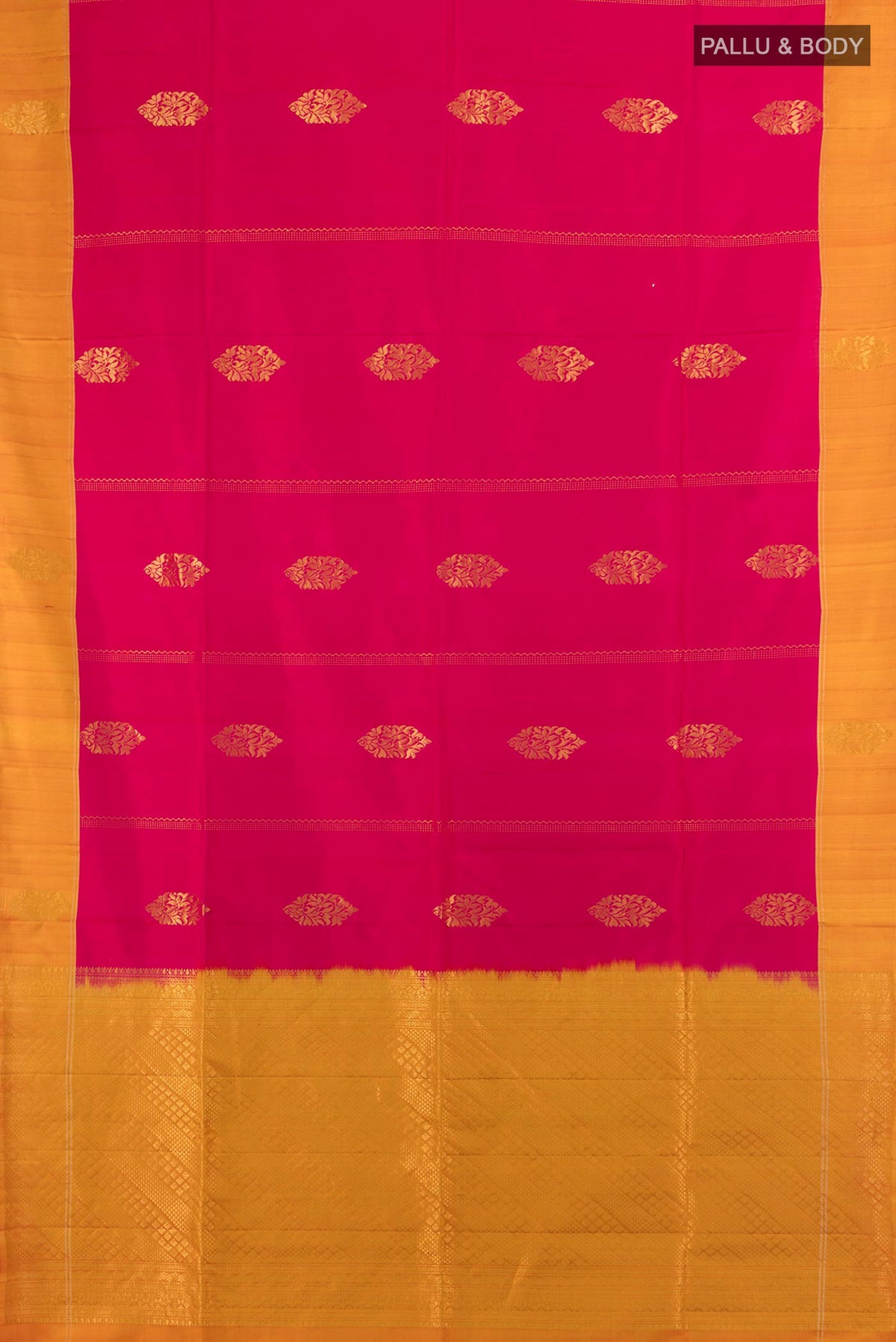 Flat view of Pure Silk Dark Pink Soft Saree with Zari Butta on the body and Silk Border. 
