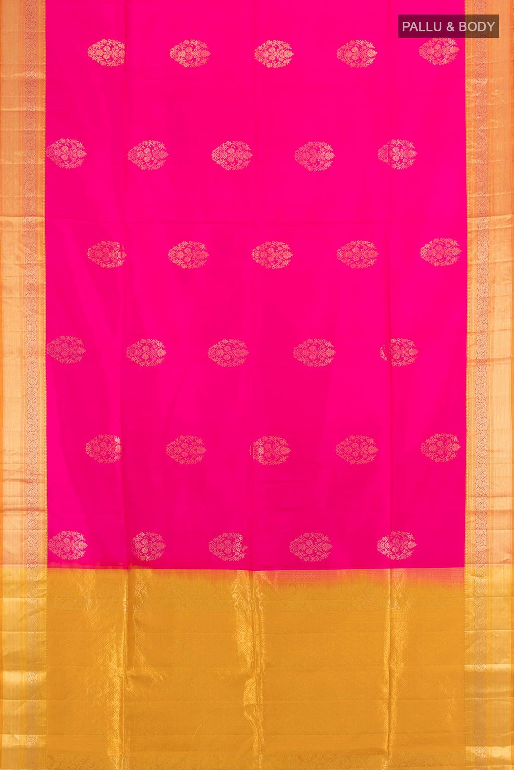 Flat view of Pure Silk Rani Pink Soft Saree with Zari Butta on the body and Zari Border. 