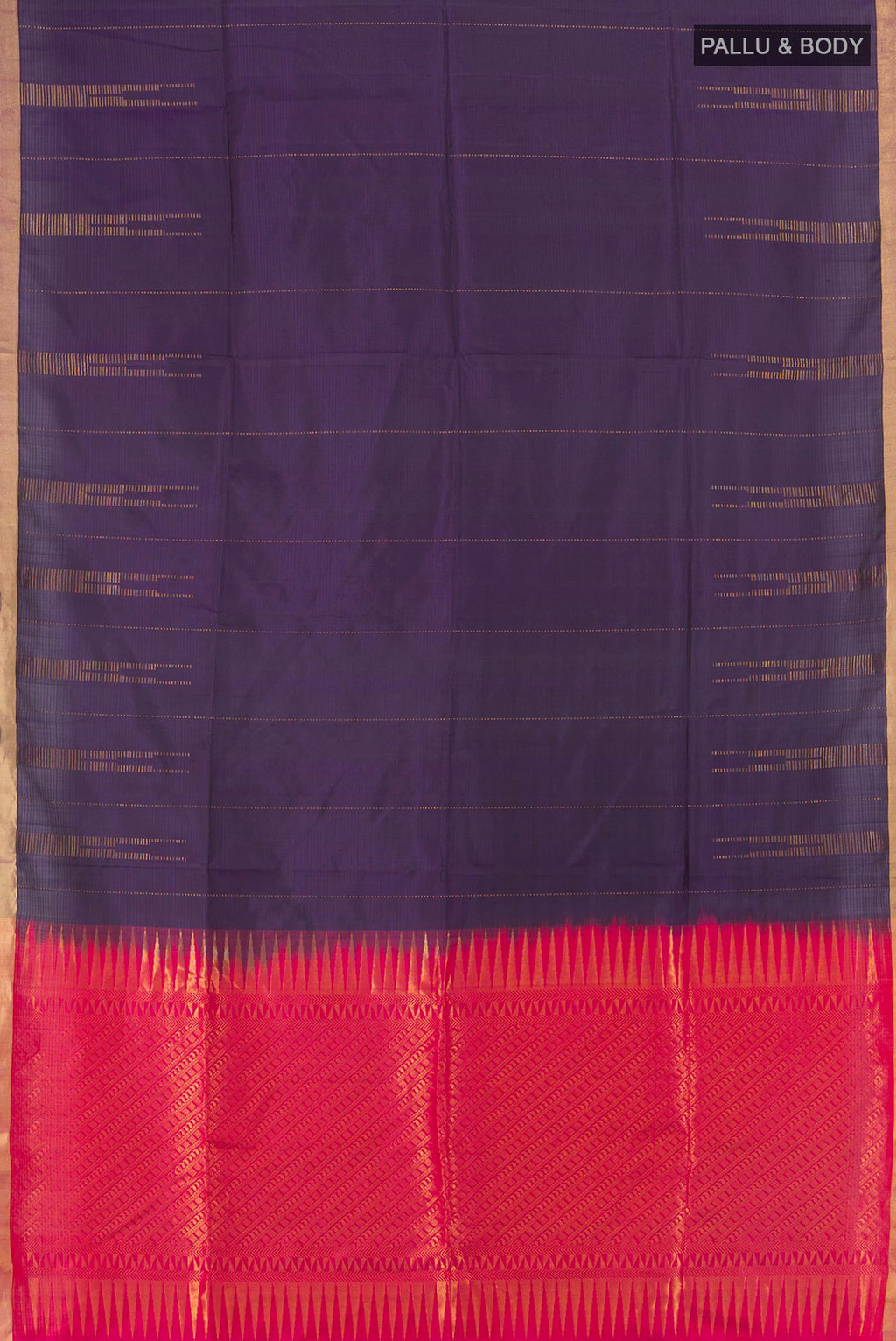 Flat view of Pure Silk Navy Blue Soft Saree with Zari Butta on the body and Zari Border. 