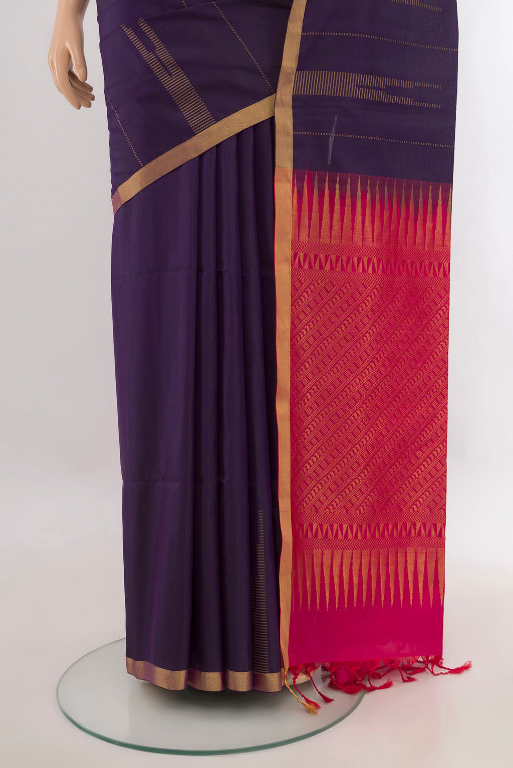 Pleats and pallu of Pure Silk Navy Blue Soft Saree with Zari Butta on the body and Zari Border. 
