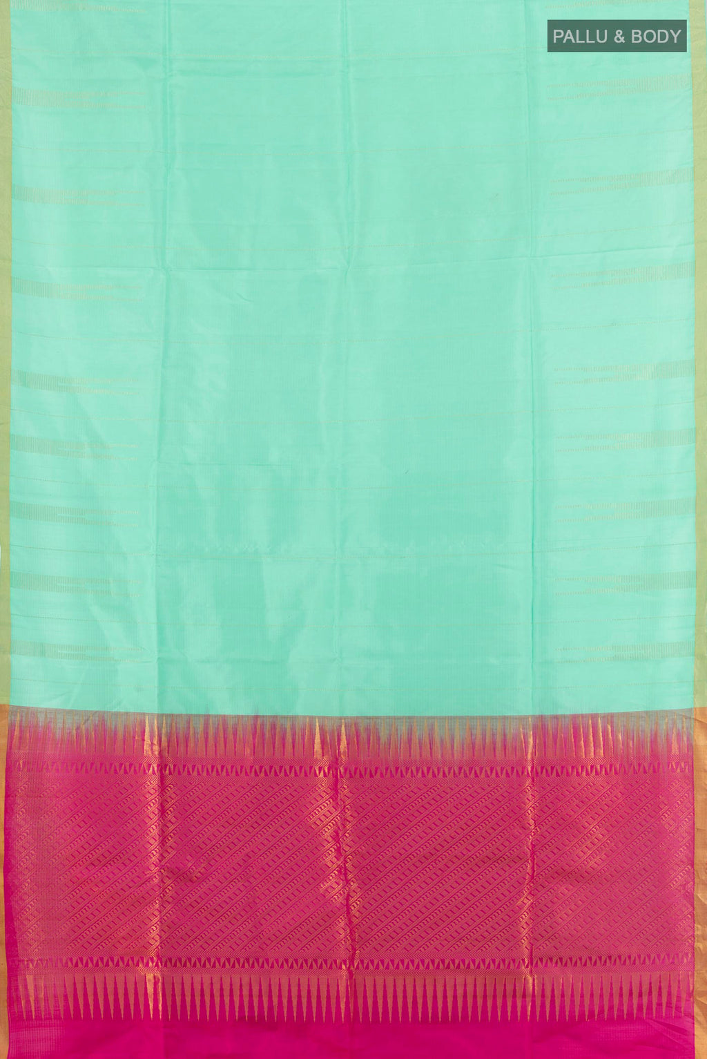 Flat view of Pure Silk Mint Green Soft Saree with Zari Butta on the body and Zari Border. 
