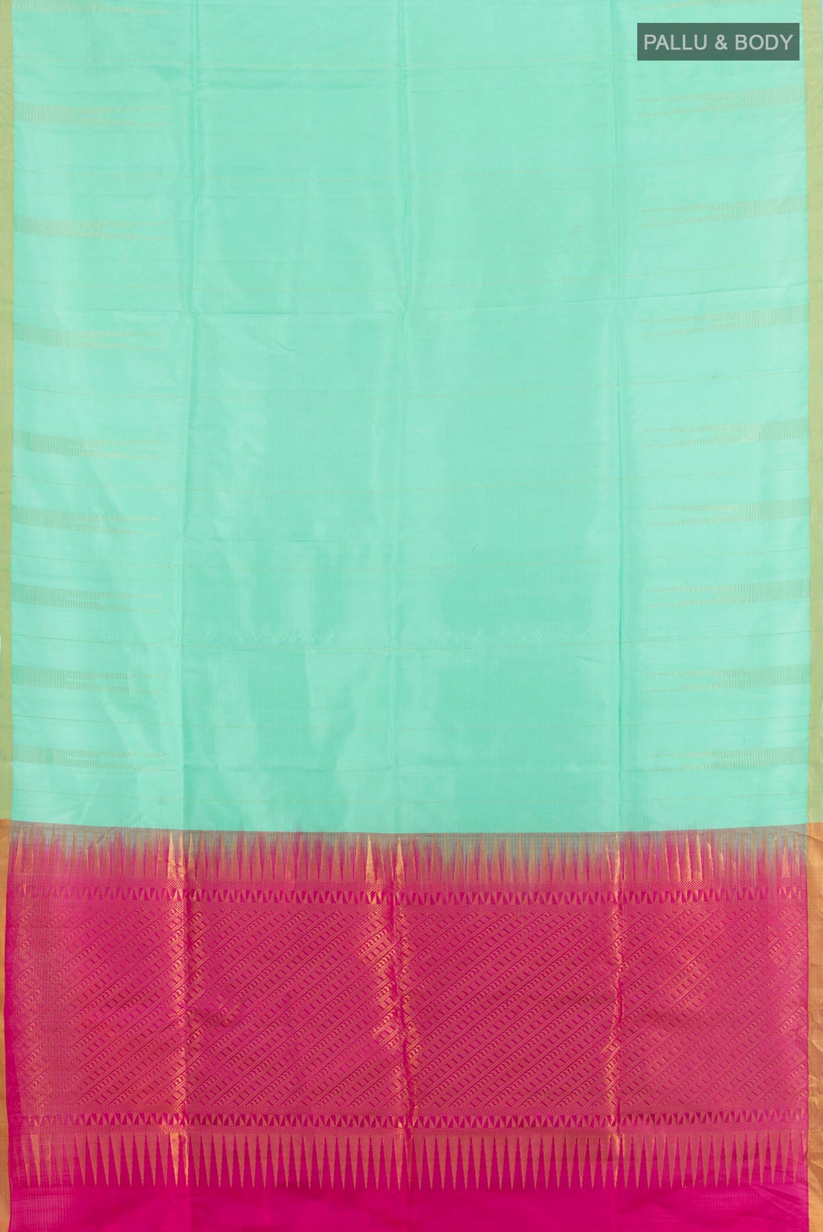 Flat view of Pure Silk Mint Green Soft Saree with Zari Butta on the body and Zari Border. 