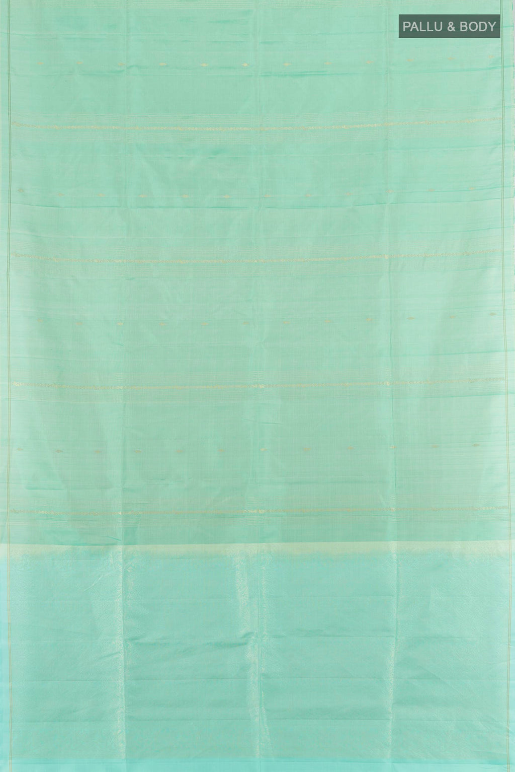 Flat view of Pure Silk Light Green Soft Saree with Zari Butta on the body and Without Border. 