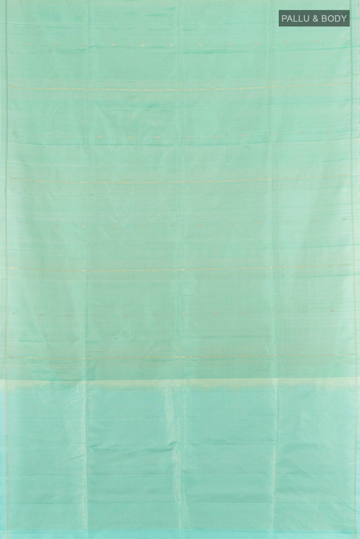 Flat view of Pure Silk Light Green Soft Saree with Zari Butta on the body and Without Border. 