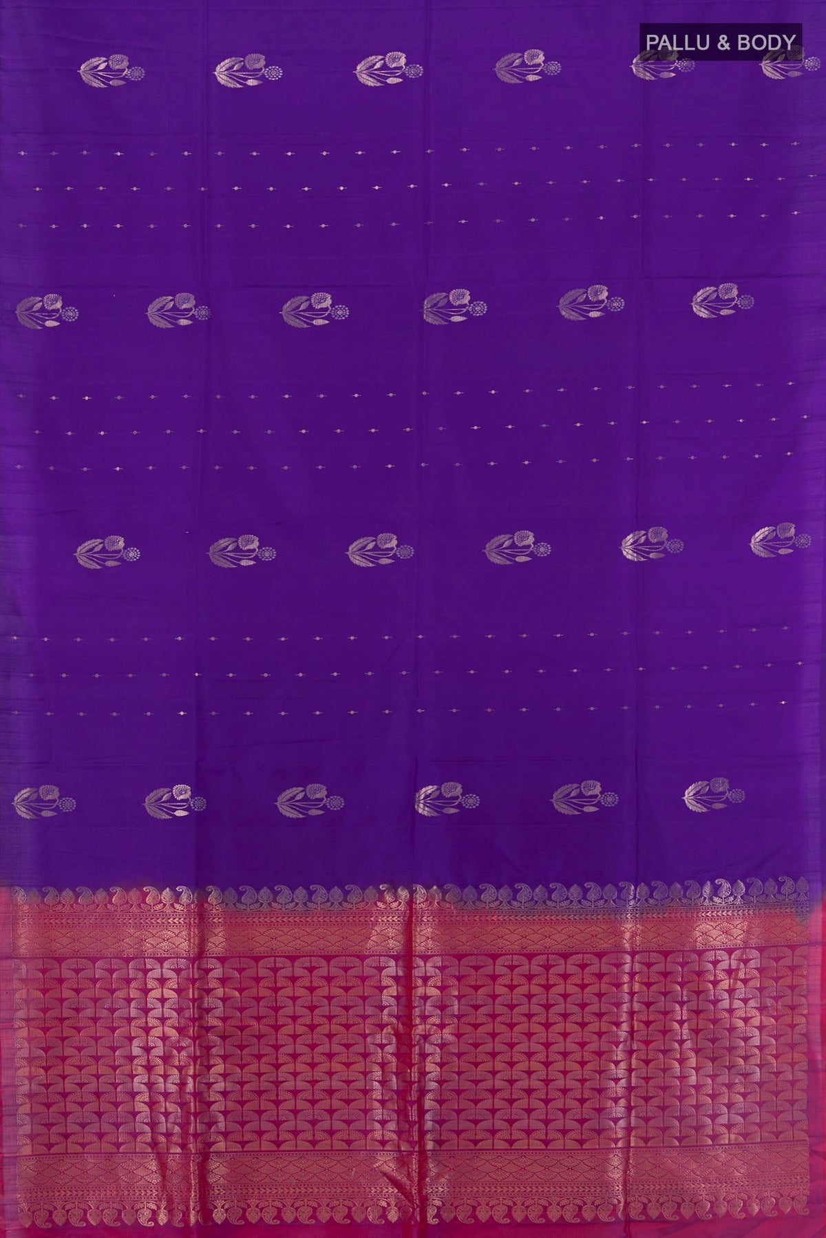 Flat view of Pure Silk Violet Soft Saree with Zari Butta on the body and Without Border. 