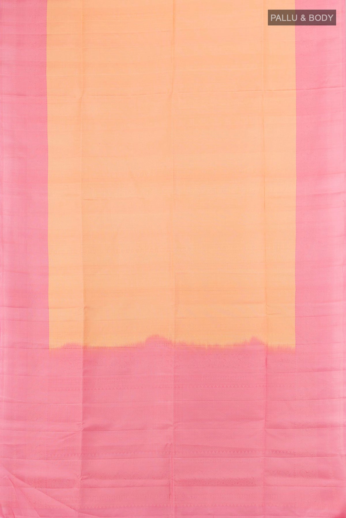 Flat view of Pure Silk Peach Soft Saree with Zari Butta on the body and Zari Border. 