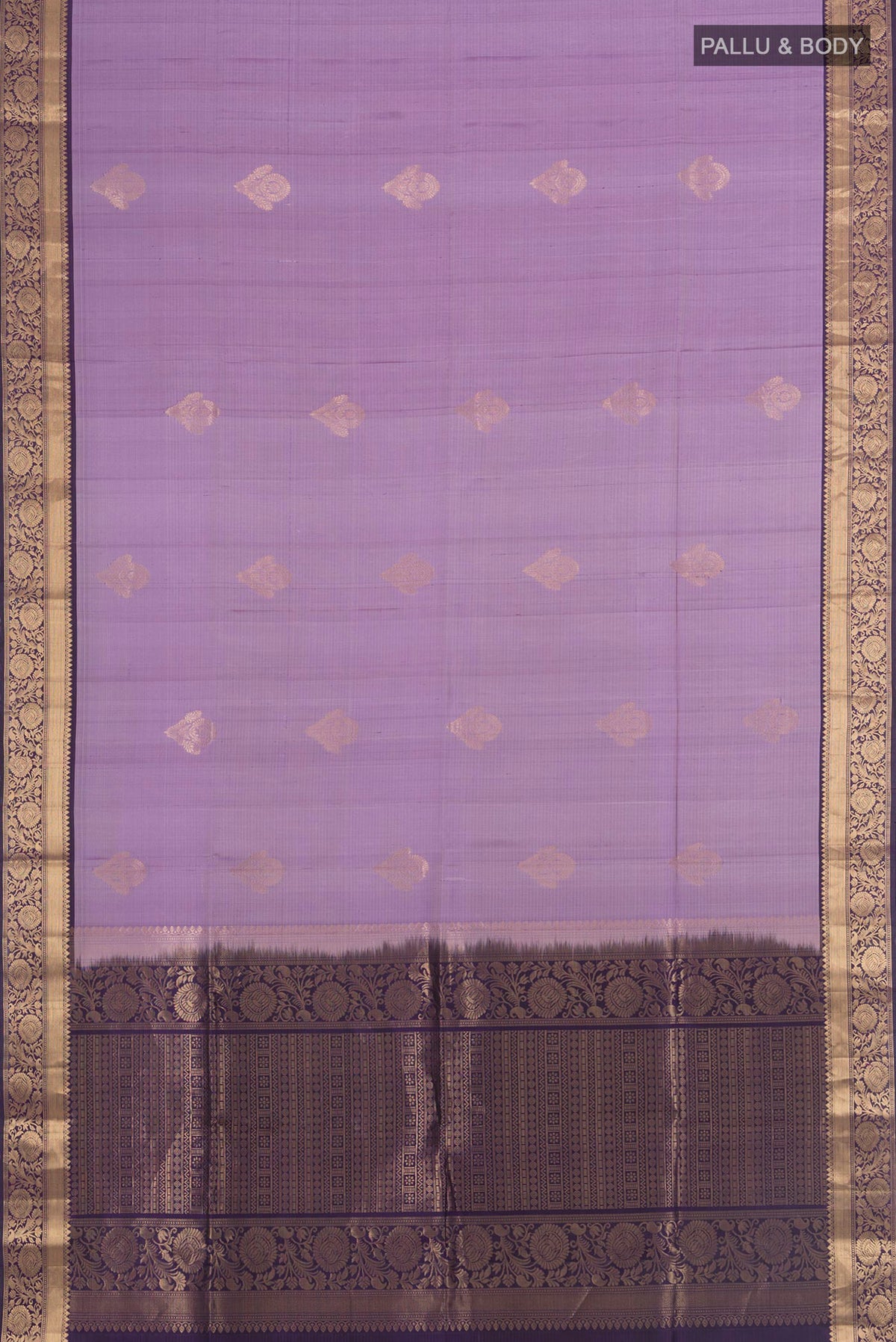 Flat view of Pure Silk Lavender Soft Saree with Zari Butta on the body and Zari Border. 