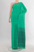 Pure Silk Green Soft Saree with Plain Body and Without Border.  displayed on a mannequin