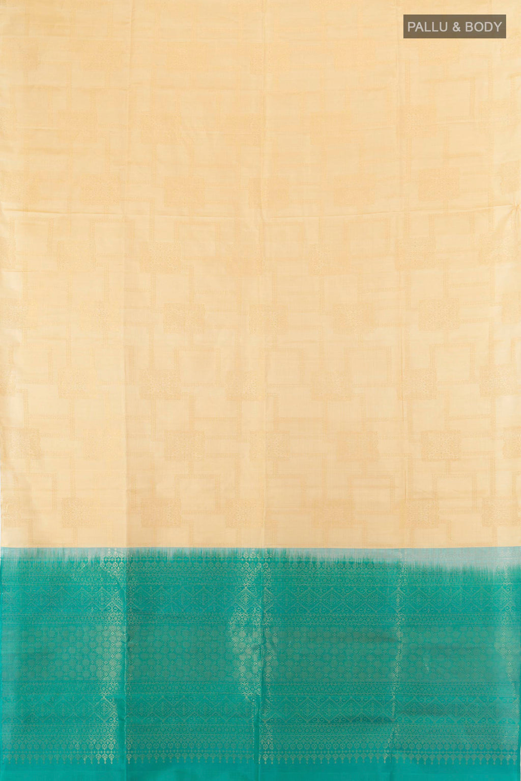 Flat view of Pure Silk Sandal Soft Saree with Zari Butta on the body and Without Border. 