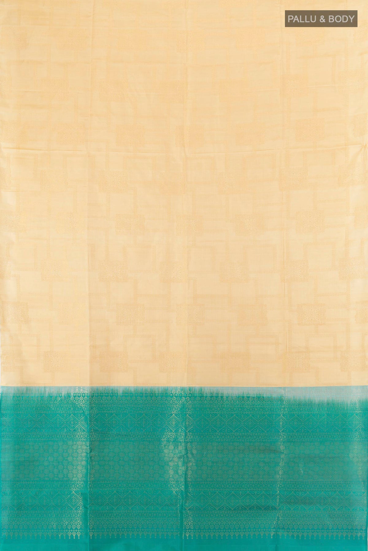 Flat view of Pure Silk Sandal Soft Saree with Zari Butta on the body and Without Border. 