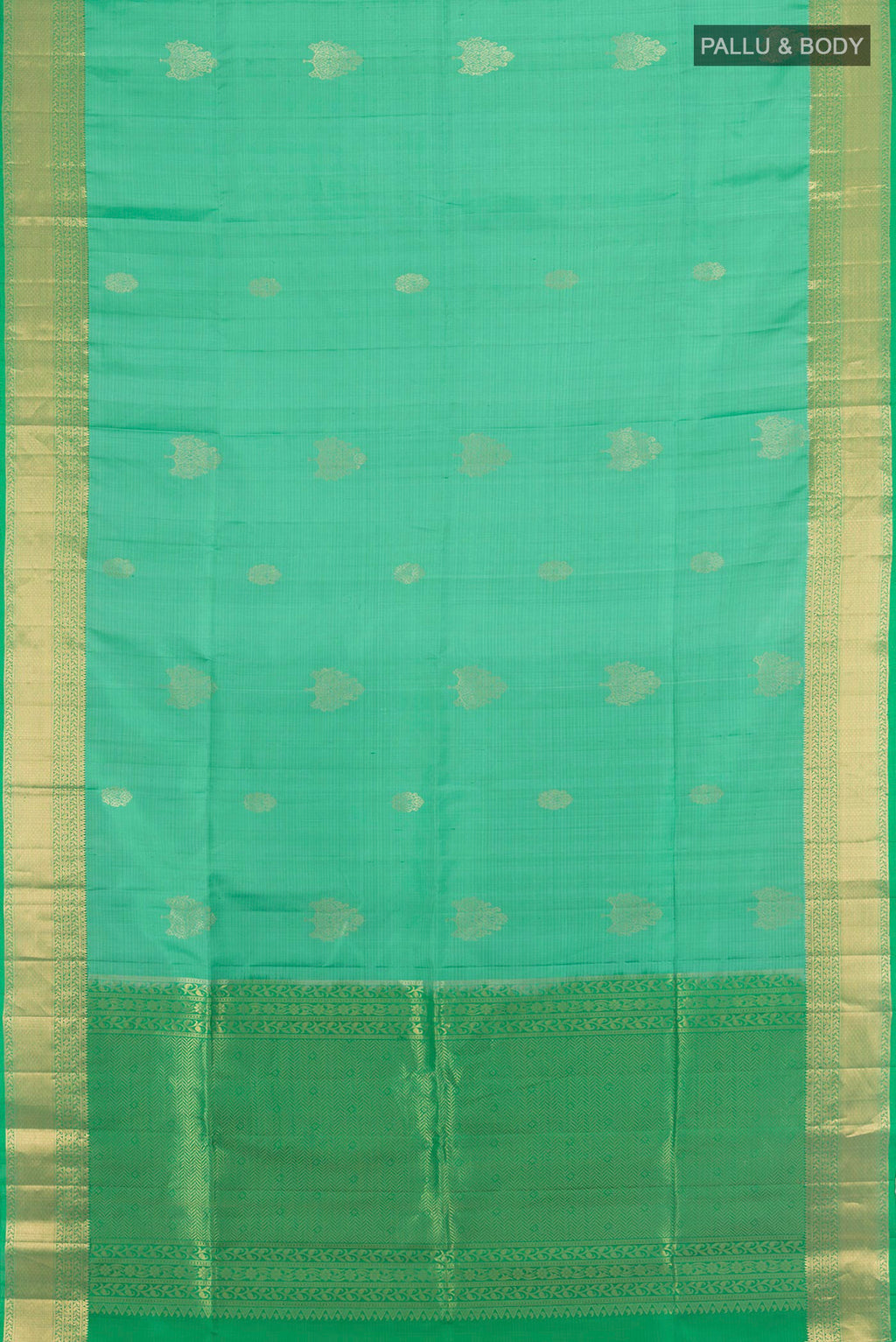 Flat view of Pure Silk Light Green Soft Saree with Zari Butta on the body and Zari Border. 